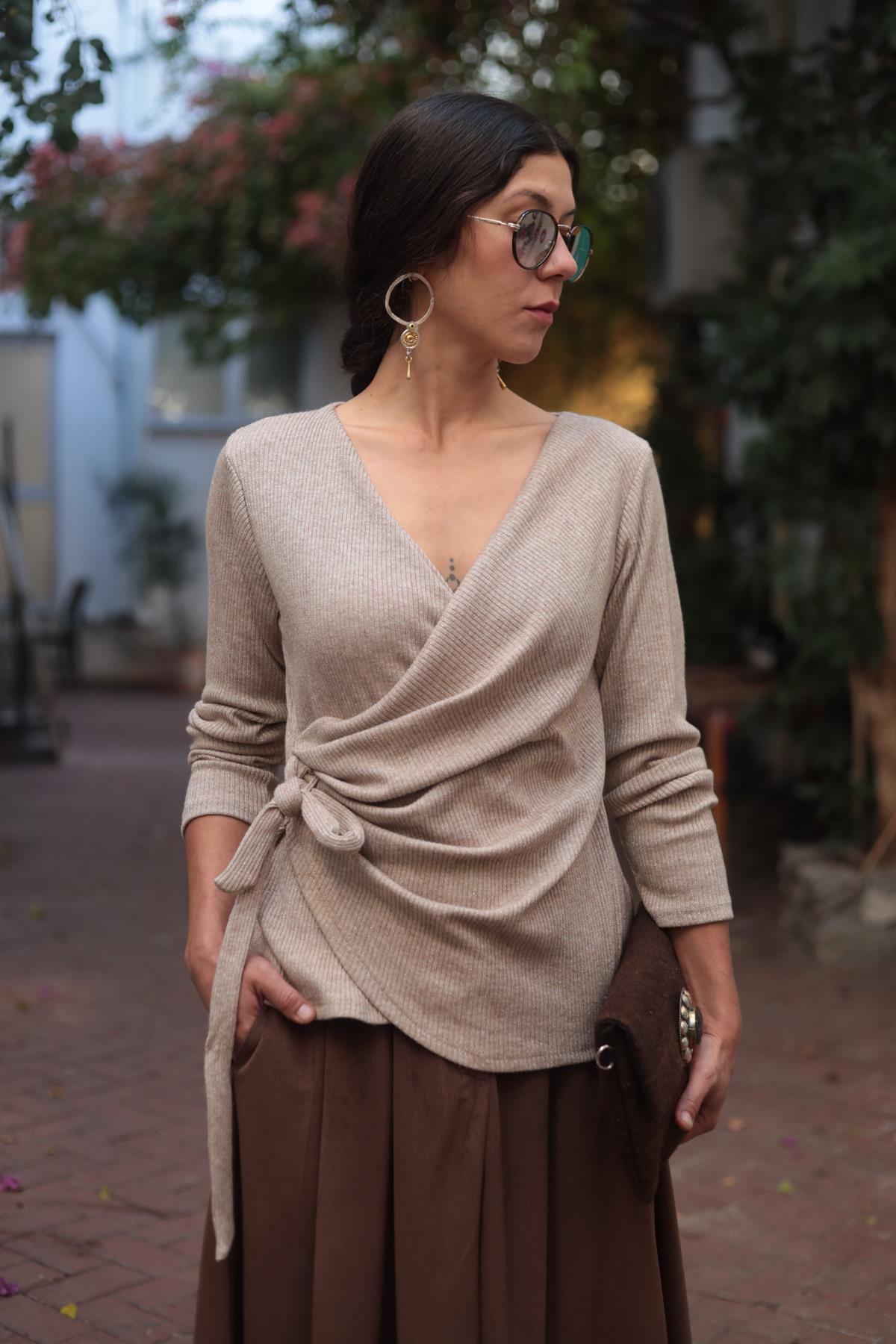 Vizon Rengi Düğüm Detaylı Kruvaze Bluz