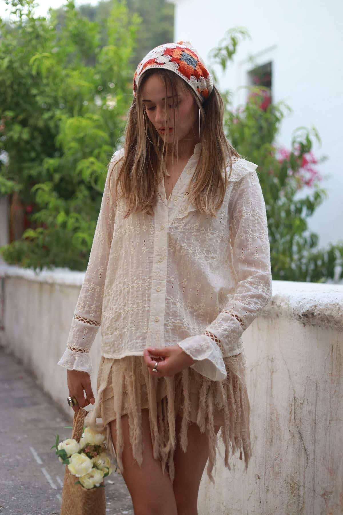 Hardal Rengi Dantel Detaylı Püsküllü Anvelop Etek