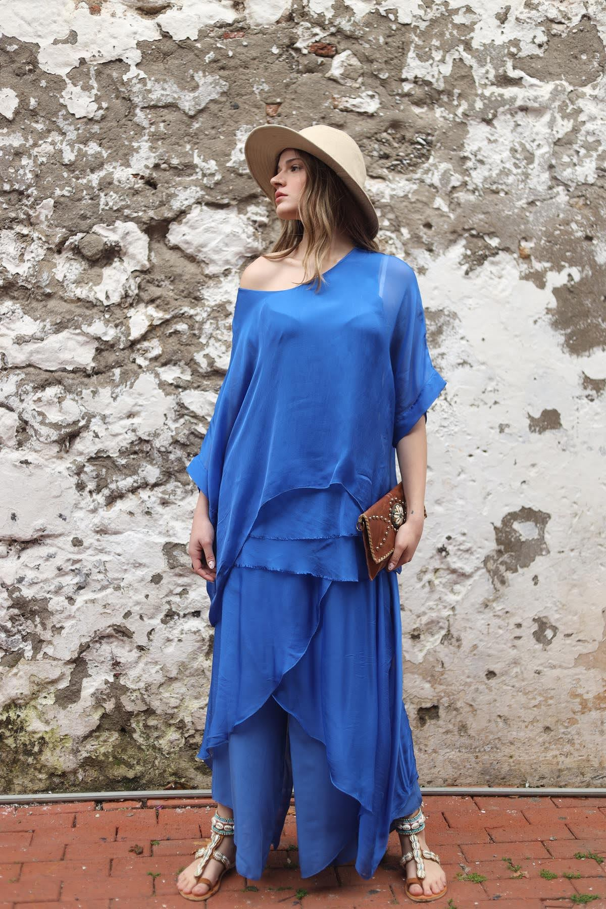 Saks Mavisi Püsküllü Kat Kat İpek Bluz