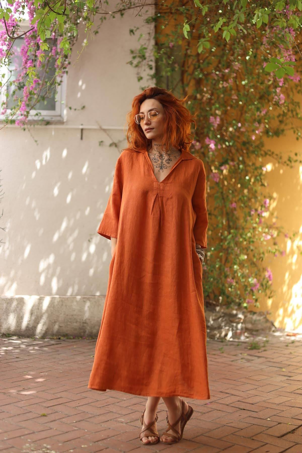 Turuncu Önü Pileli Gömlek Yaka Keten Elbise