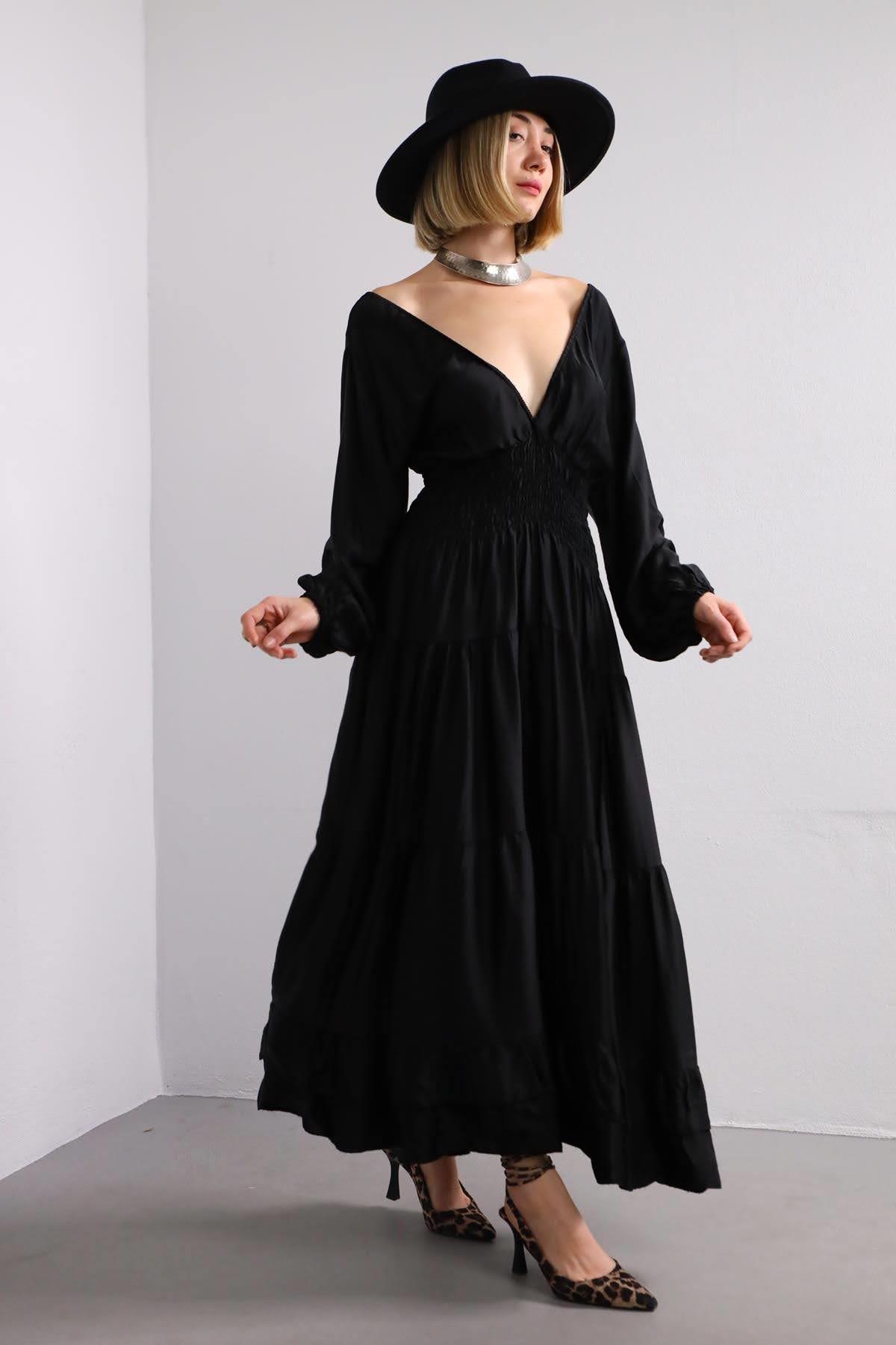 Siyah Beli Büzgülü V Yaka Elbise - Şaman Butik Siyah Beli Büzgülü V Yaka Elbise