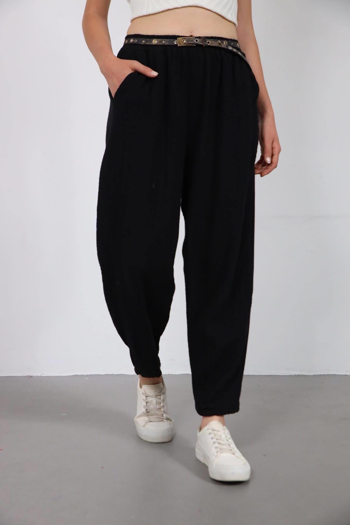 Siyah Paçası Pileli Müslin Pantolon - Şaman Butik Siyah Paçası Pileli Müslin Pantolon