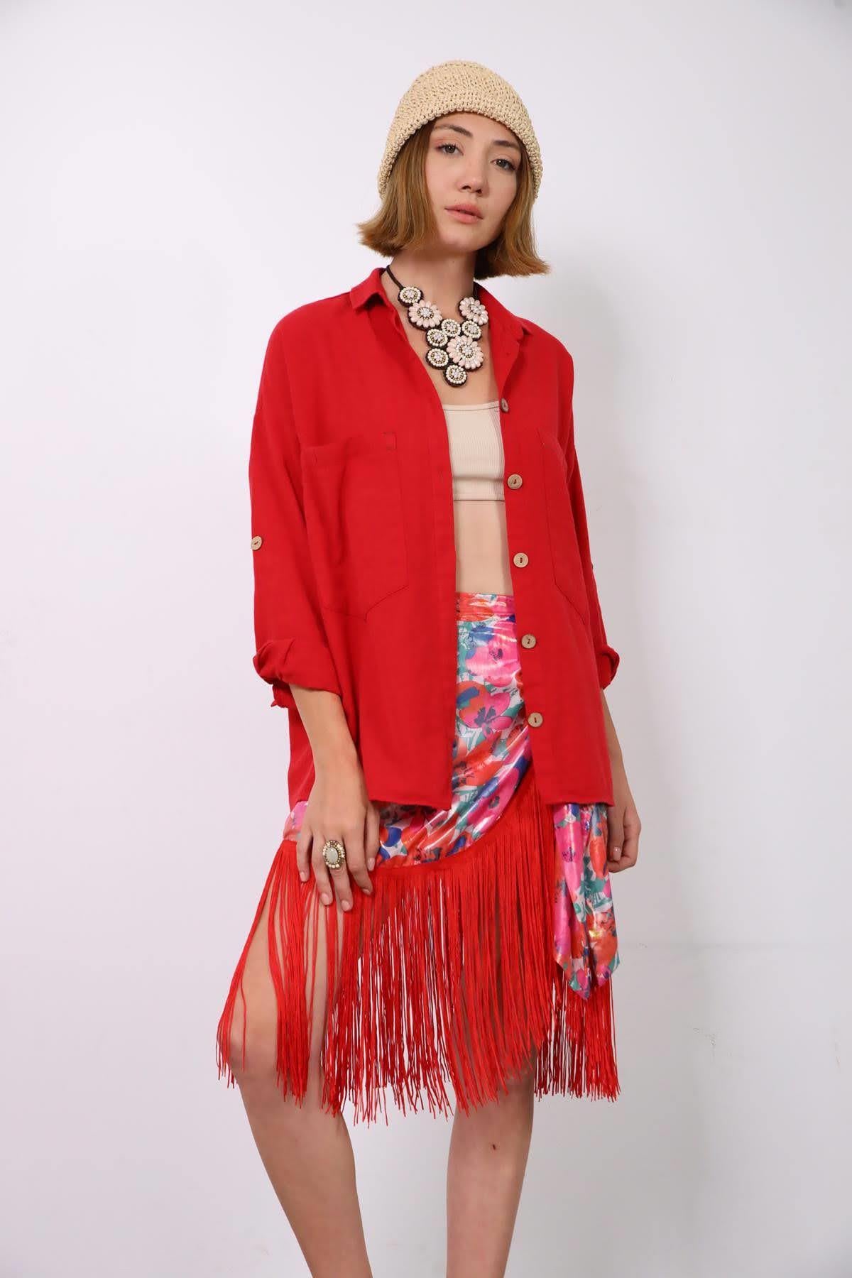 Kırmızı Büyük Cepli Gömlek - Şaman Butik - Bohem Giyim ve Aksesuar | Kadın & Erkek Kırmızı Büyük Cepli Gömlek