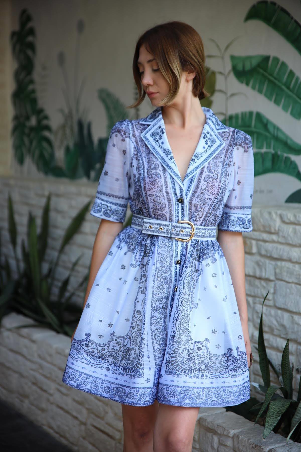 Bebek Mavisi Etnik Desenli Kemerli Elbise - Şaman Butik Bebek Mavisi Etnik Desenli Kemerli Elbise