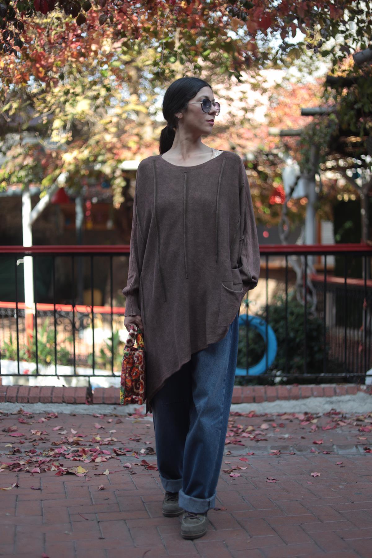 Kahverengi Asimetrik Kesim Yıkamalı Tunik