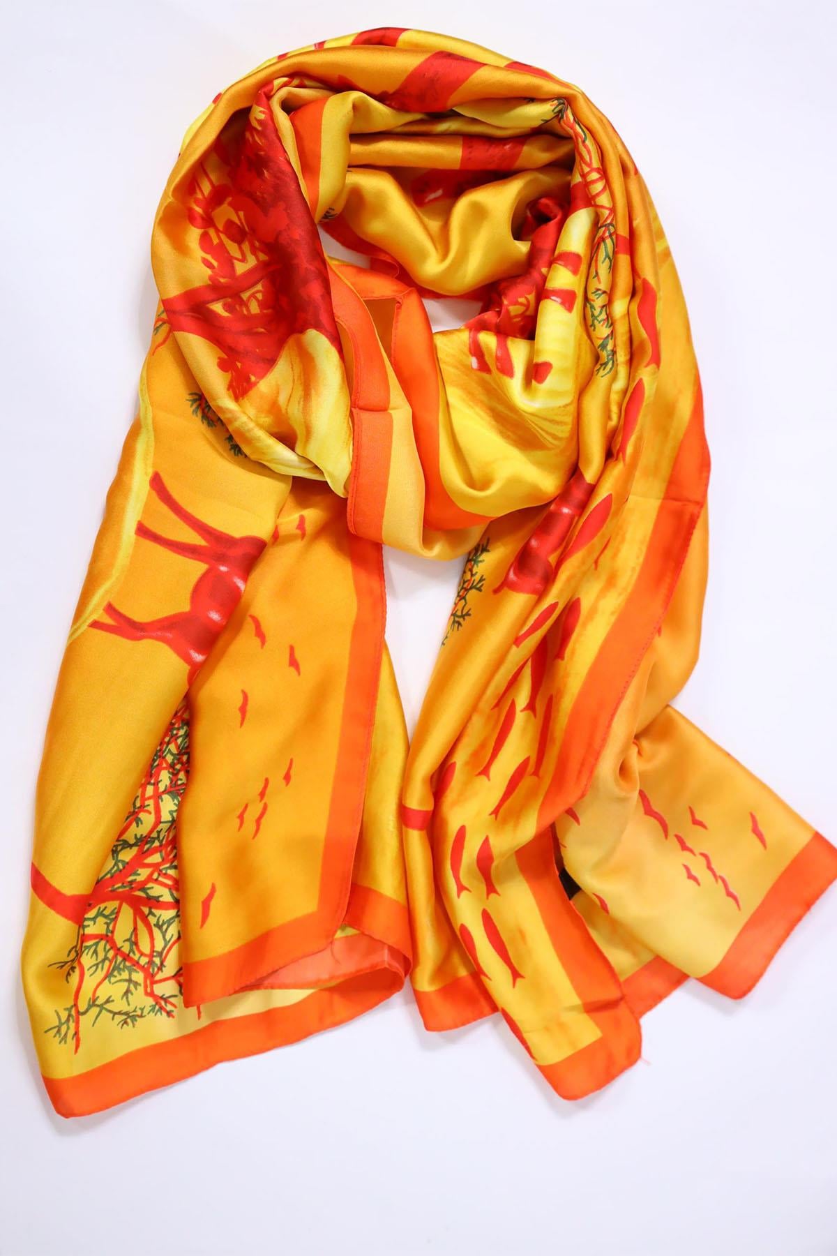 Turuncu Desenli Otantik İpek Şal - Şaman Butik Turuncu Desenli Otantik İpek Şal