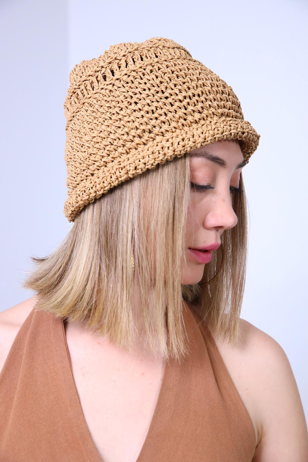 Krem Rengi Rafya Örgü Şapka - Şaman Butik Krem Rengi Rafya Örgü Şapka