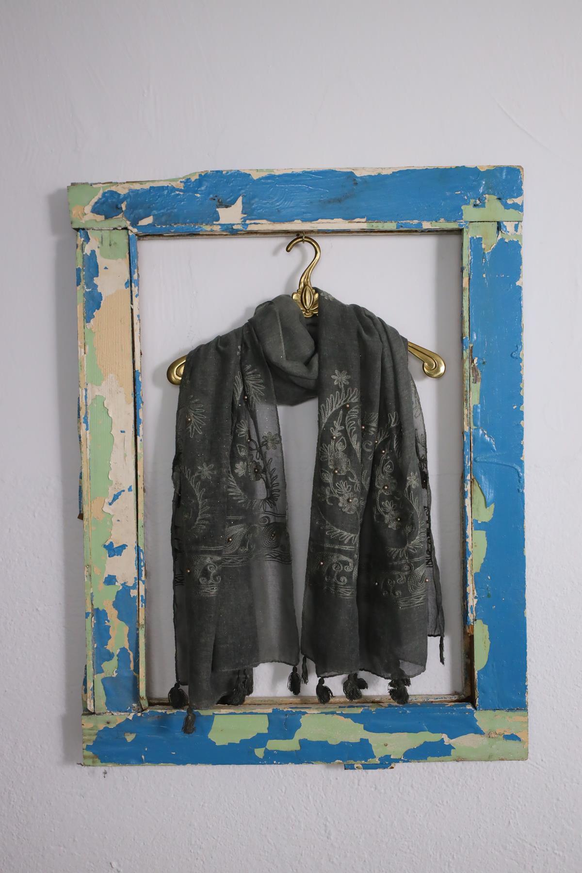 Yağ Yeşili Simli İnci İşlemeli Şal - Şaman Butik Yağ Yeşili Simli İnci İşlemeli Şal