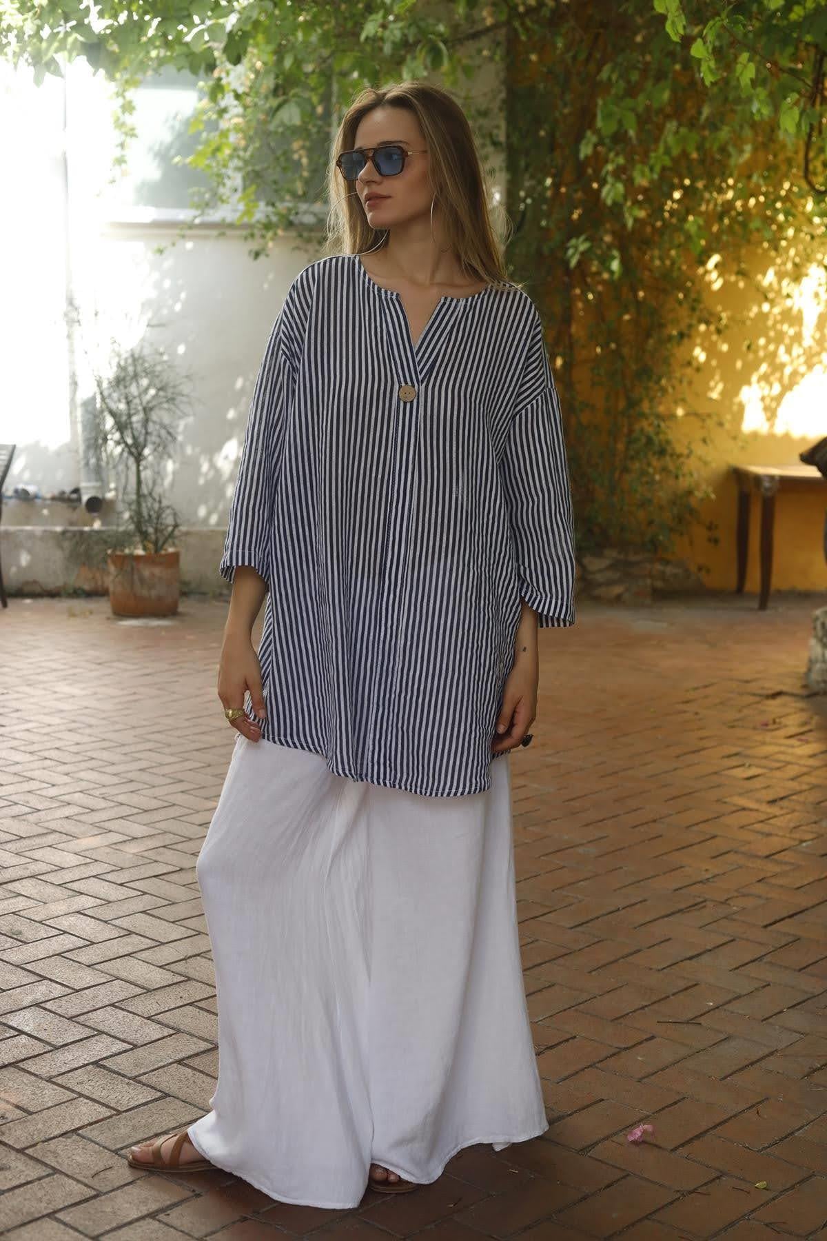 Lacivert Çizgili Tek Düğmeli Tunik