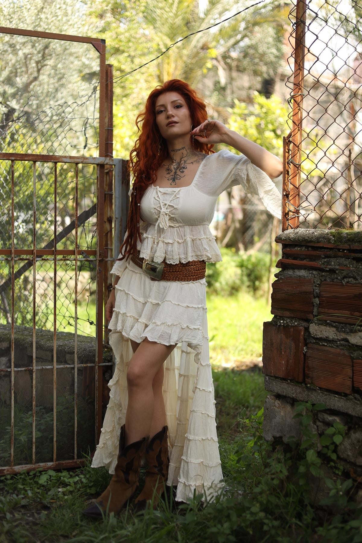 Ekru Arkası Uzun Mini Bohem Etek