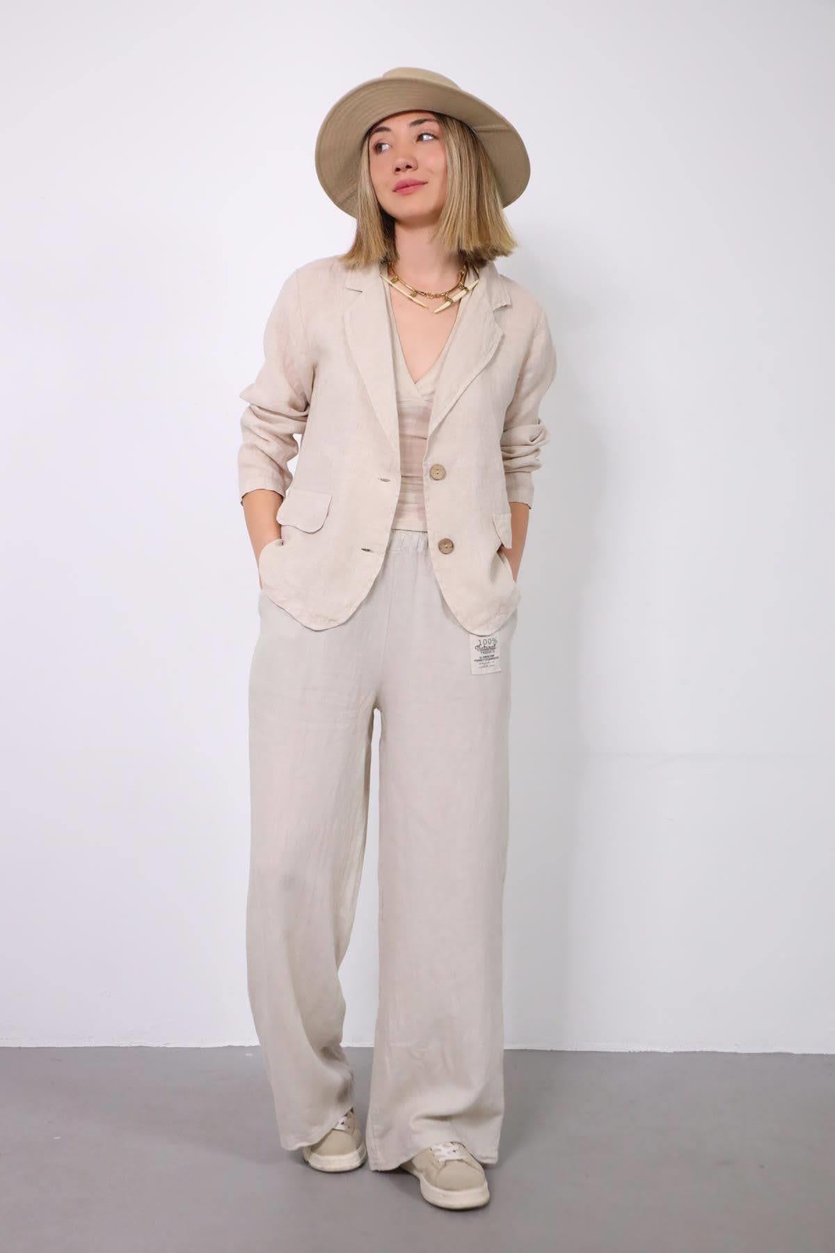 Krem Rengi Beli Lastikli Cebi Detaylı Keten Pantolon - Şaman Butik Krem Rengi Beli Lastikli Cebi Detaylı Keten Pantolon