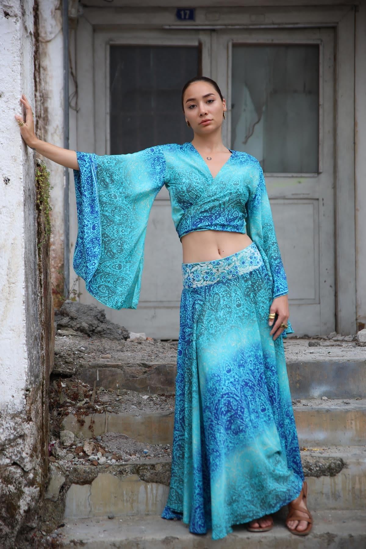 Turkuaz Yarasa Kol İpek Bolero - Şaman Butik Turkuaz Yarasa Kol İpek Bolero