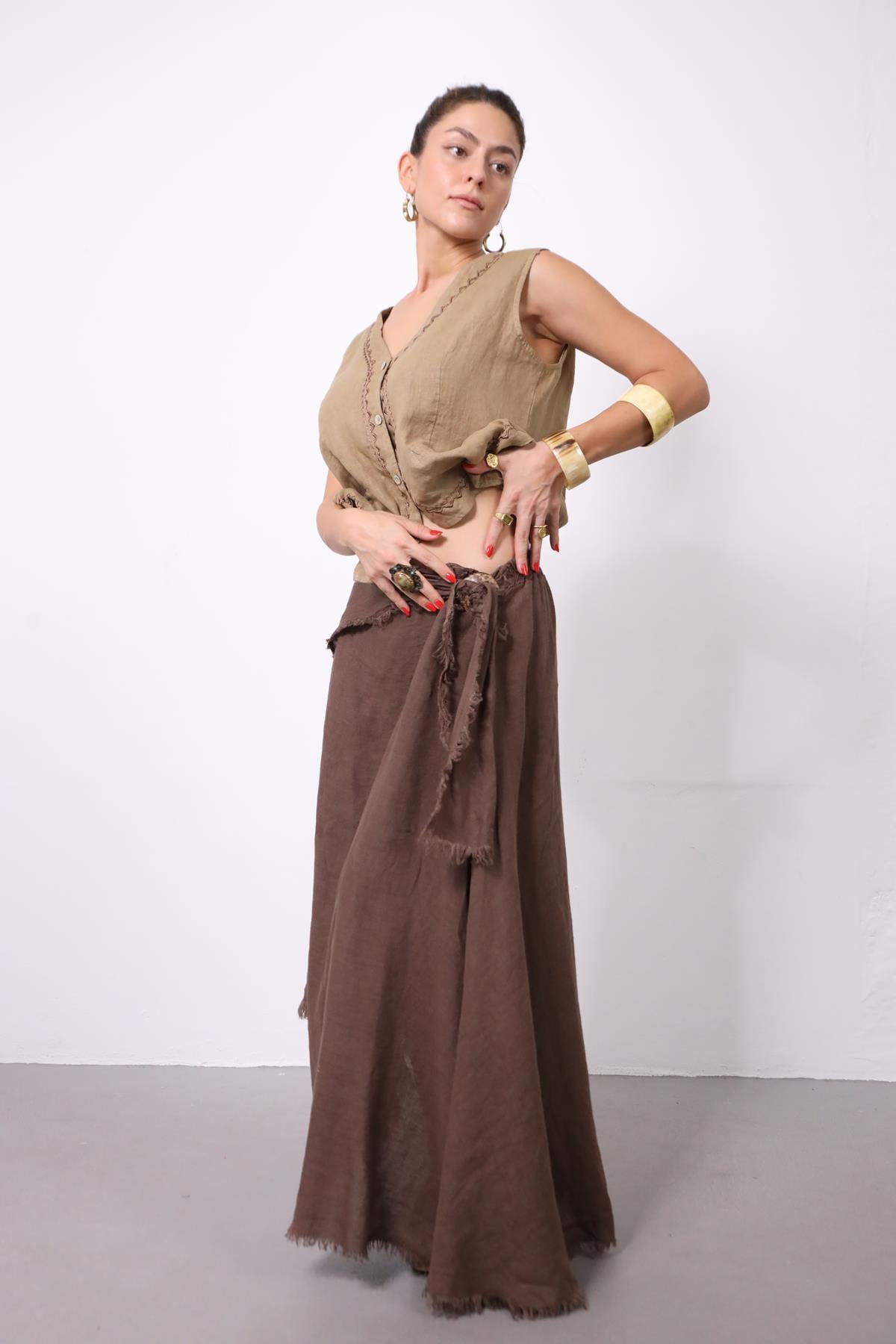 Kahverengi Püsküllü Kemerli Keten Etek - Şaman Butik Kahverengi Püsküllü Kemerli Keten Etek
