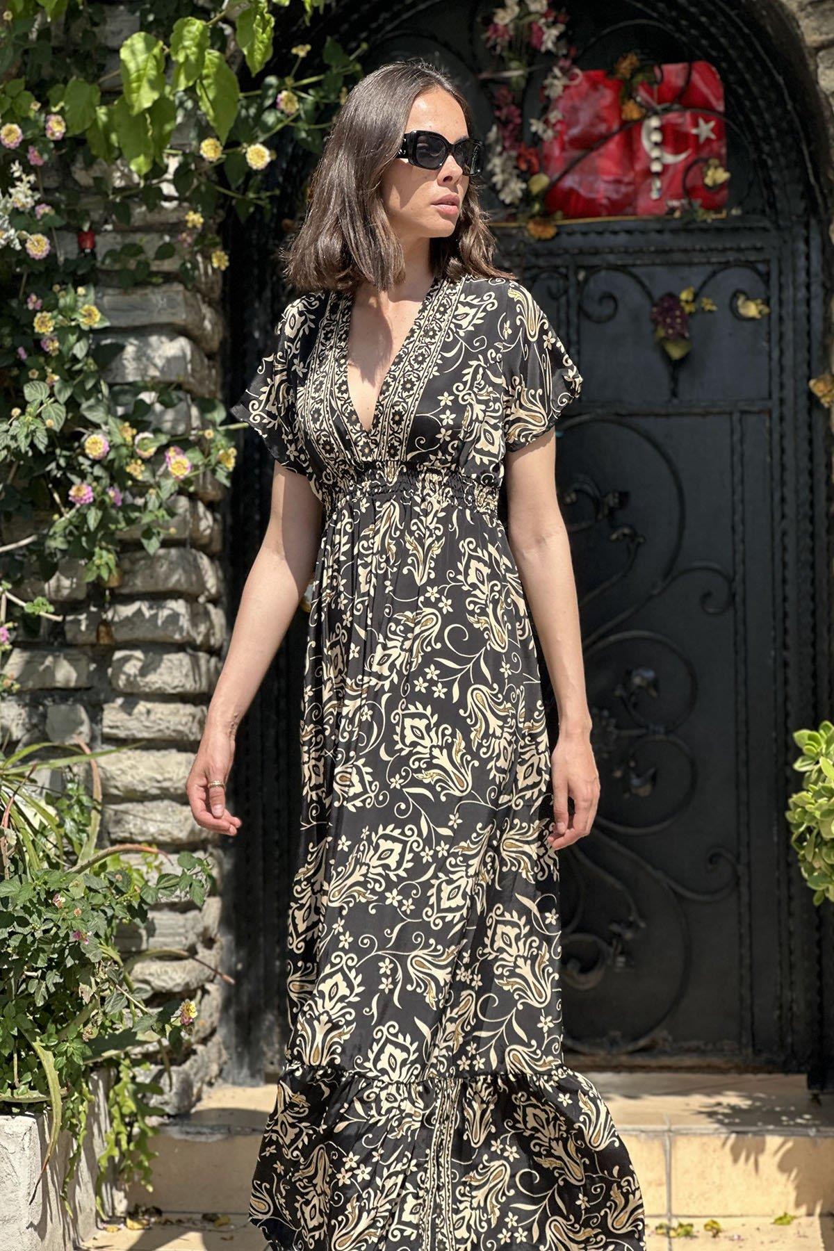 Black Patterned Short Sleeved Silk Dress