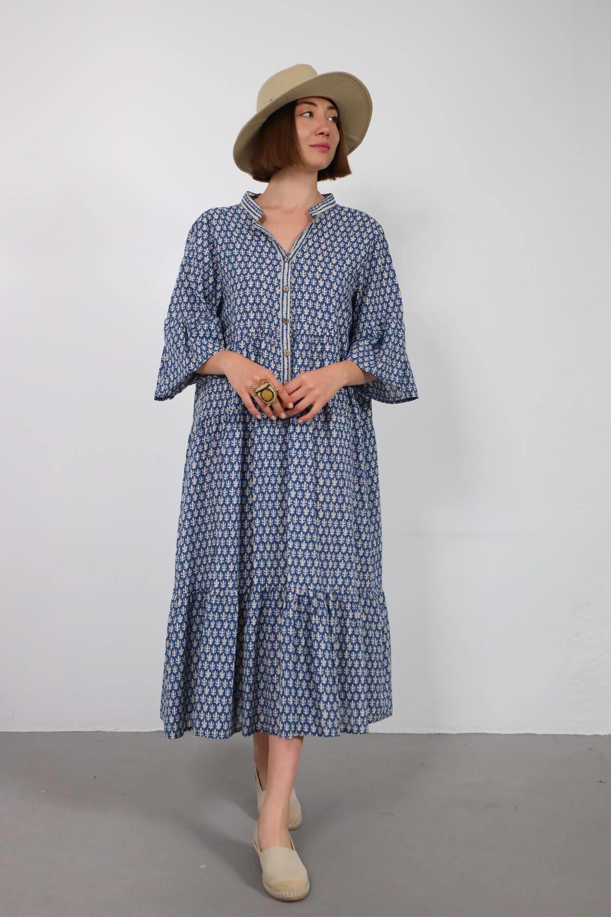 Lacivert Hakim Yaka Kolları Volanlı Düğmeli Elbise - Şaman Butik Lacivert Hakim Yaka Kolları Volanlı Düğmeli Elbise