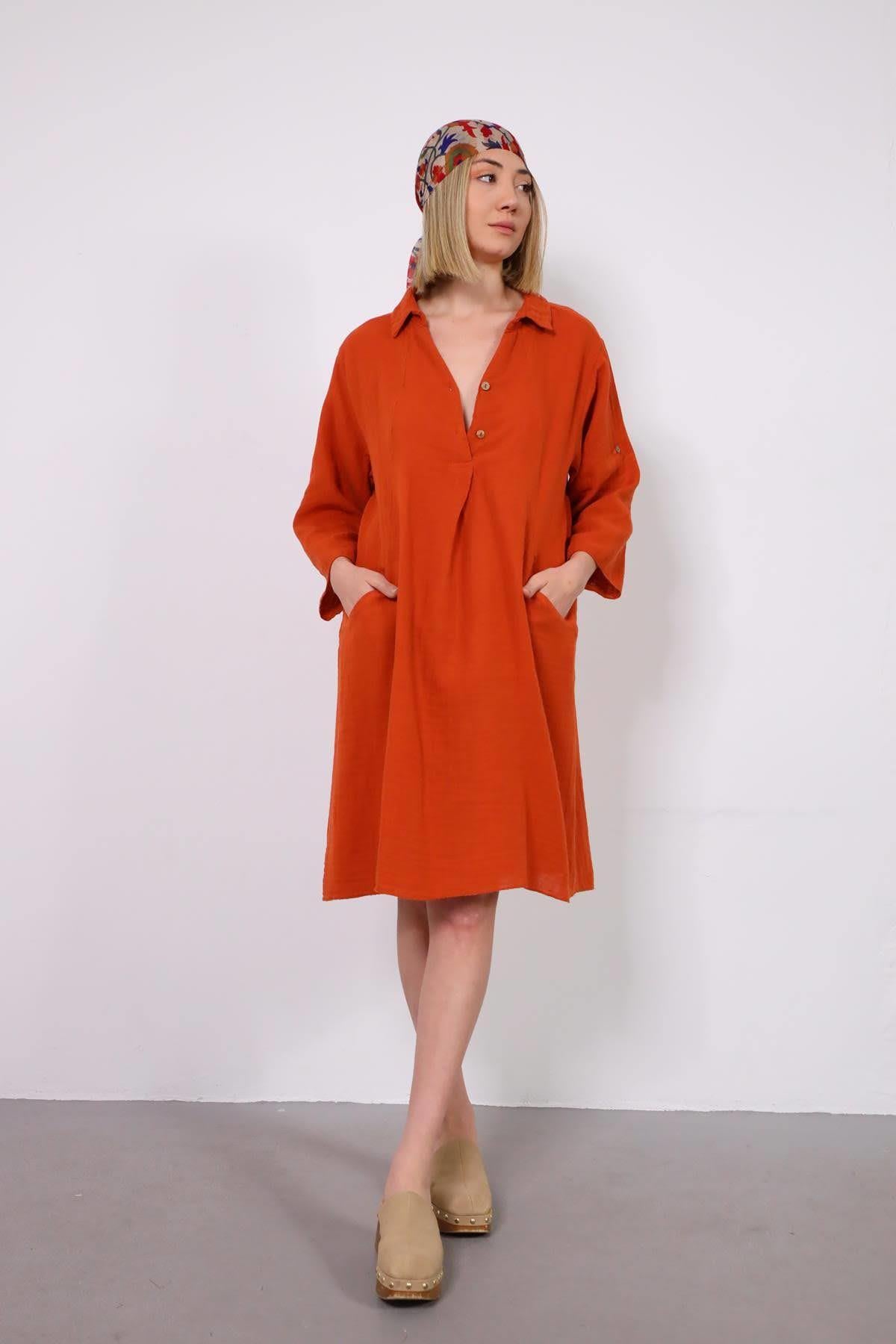 Kiremit Rengi Kolları Apoletli Gömlek Yaka Müslin Elbise - Şaman Butik Kiremit Rengi Kolları Apoletli Gömlek Yaka Müslin Elbise