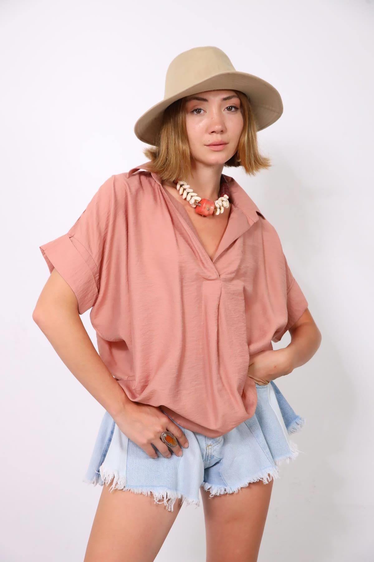 Gül Kurusu Önü Pileli Yarasa Kol Gömlek Yaka Bluz - Şaman Butik Gül Kurusu Önü Pileli Yarasa Kol Gömlek Yaka Bluz