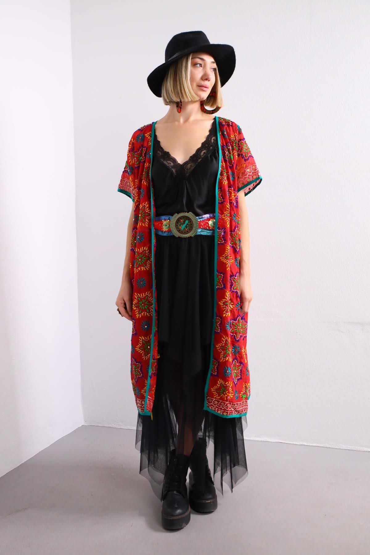  Kiremit Rengi Pul Detaylı İşlemeli Tül Kimono