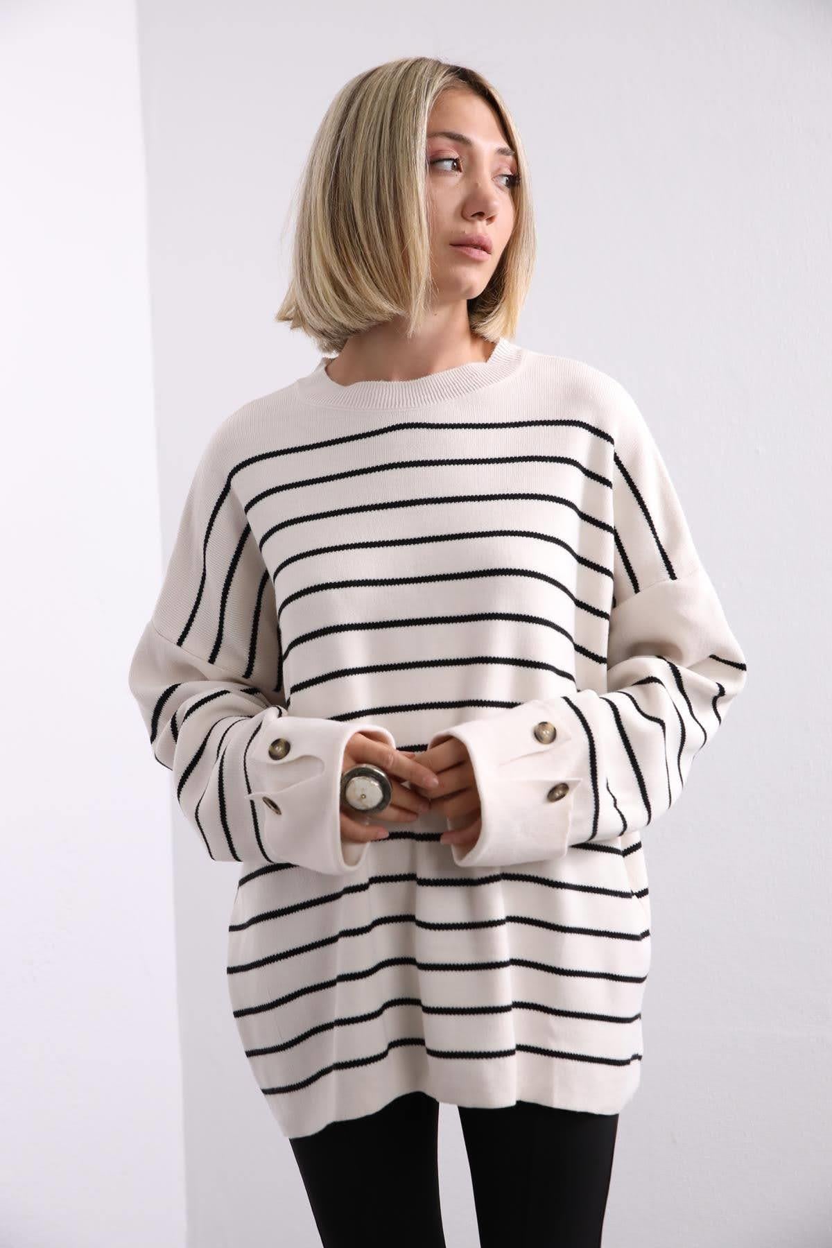  Taş Rengi Çizgili Duble Kol Kazak