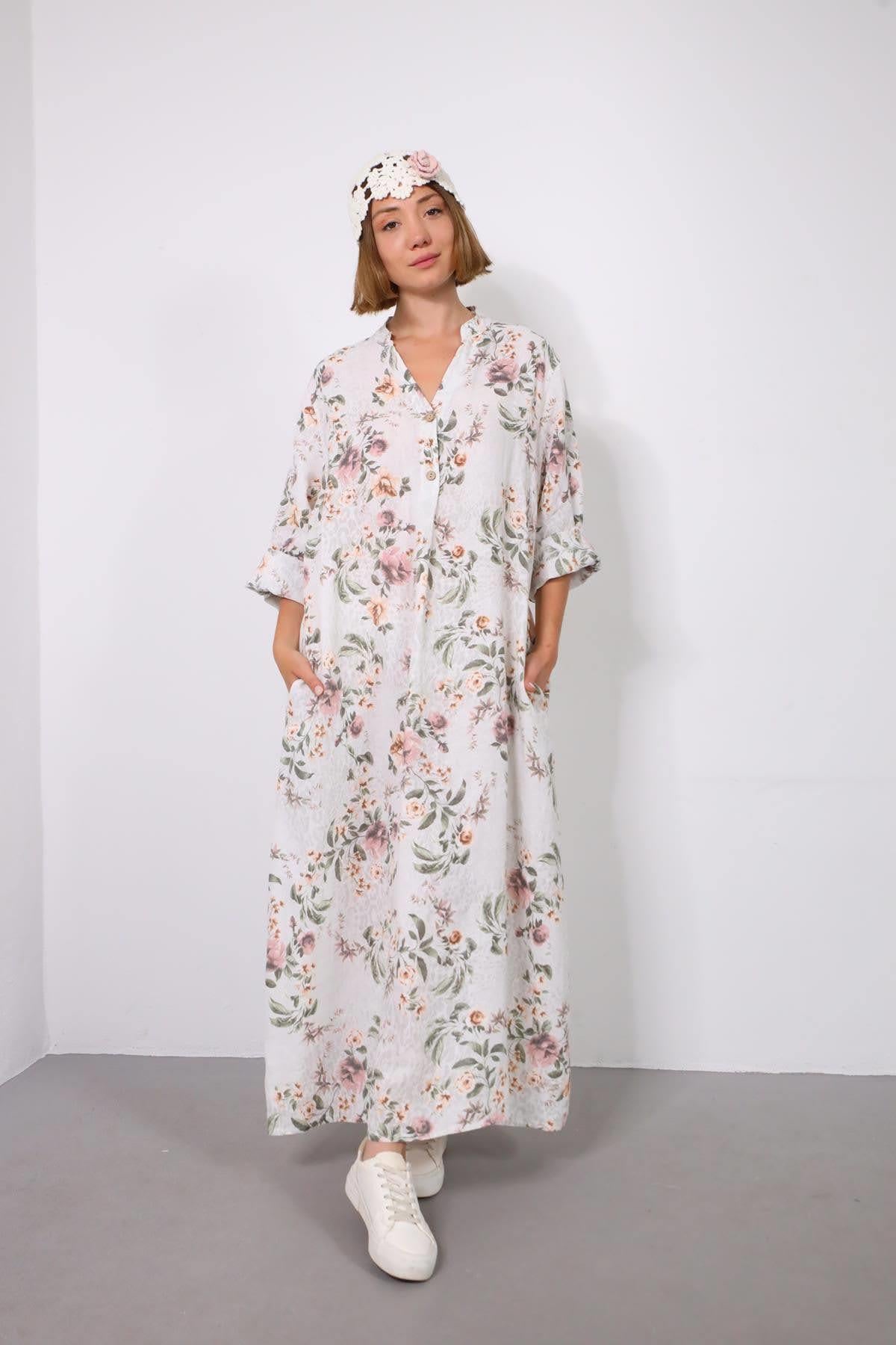 Beyaz Çiçekli Keten Elbise - Şaman Butik Beyaz Çiçekli Keten Elbise
