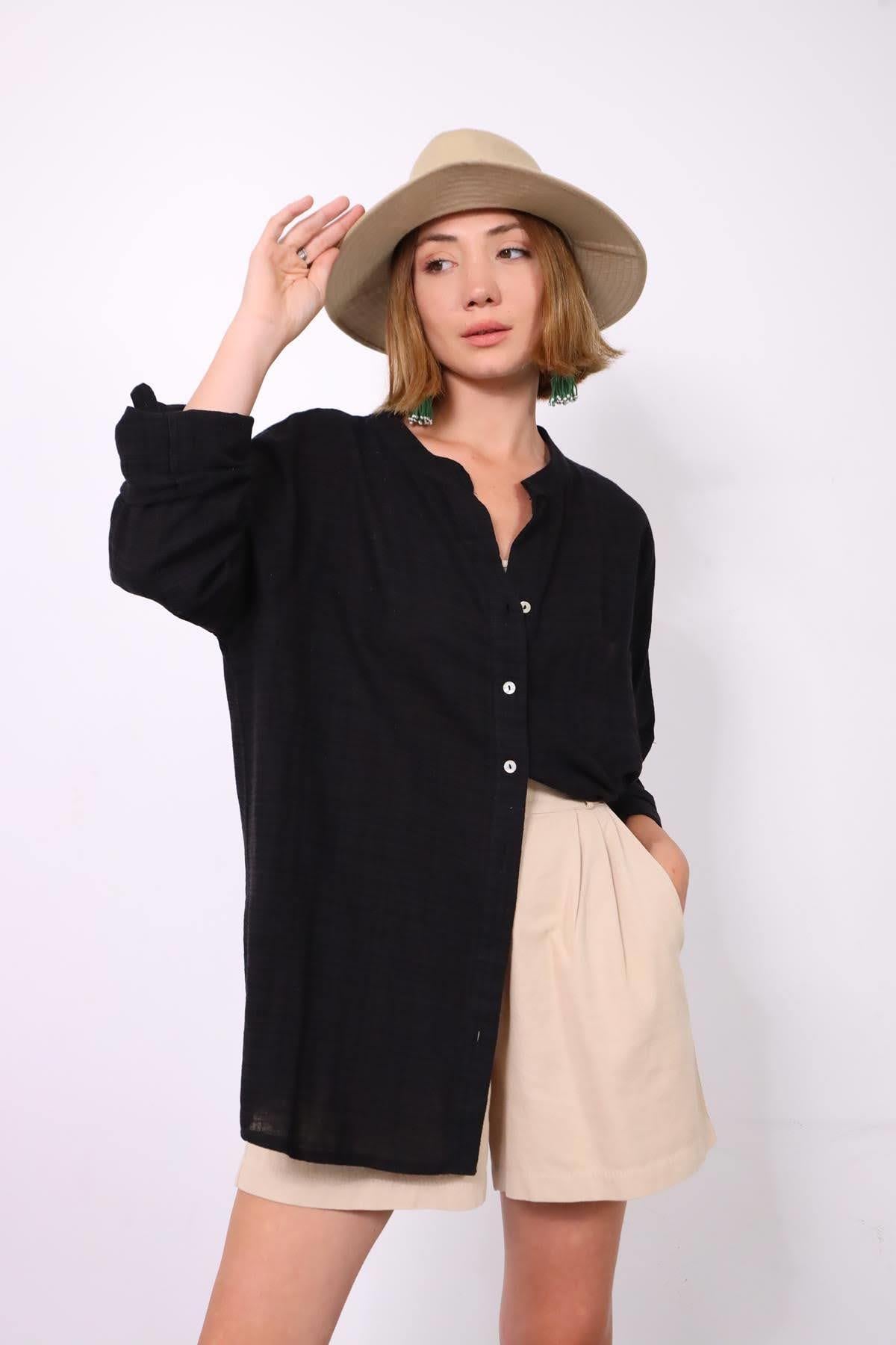 Siyah Hakim Yaka Gömlek - Şaman Butik Siyah Hakim Yaka Gömlek