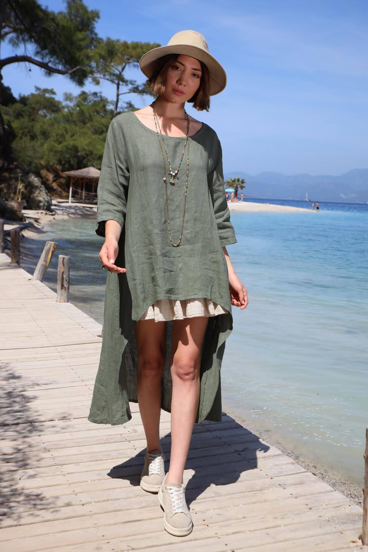 Haki Bisiklet Yaka Arkası Uzun Keten Tunik - Şaman Butik Haki Bisiklet Yaka Arkası Uzun Keten Tunik