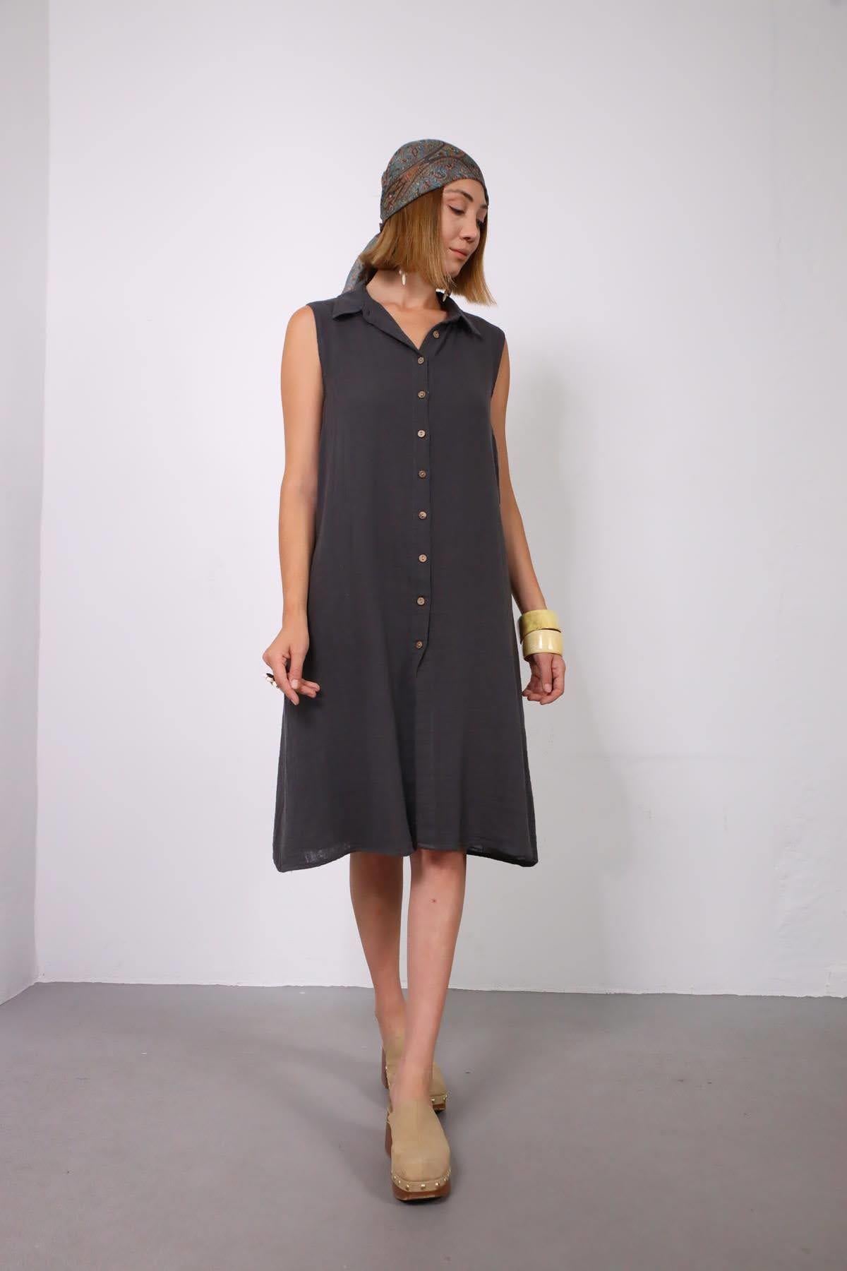 Antrasit Kolsuz Gömlek Elbise - Şaman Butik Antrasit Kolsuz Gömlek Elbise