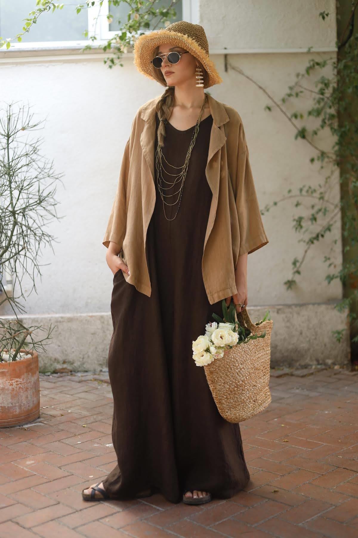 Light Brown Loose Cut Short Linen Kimono Jacket