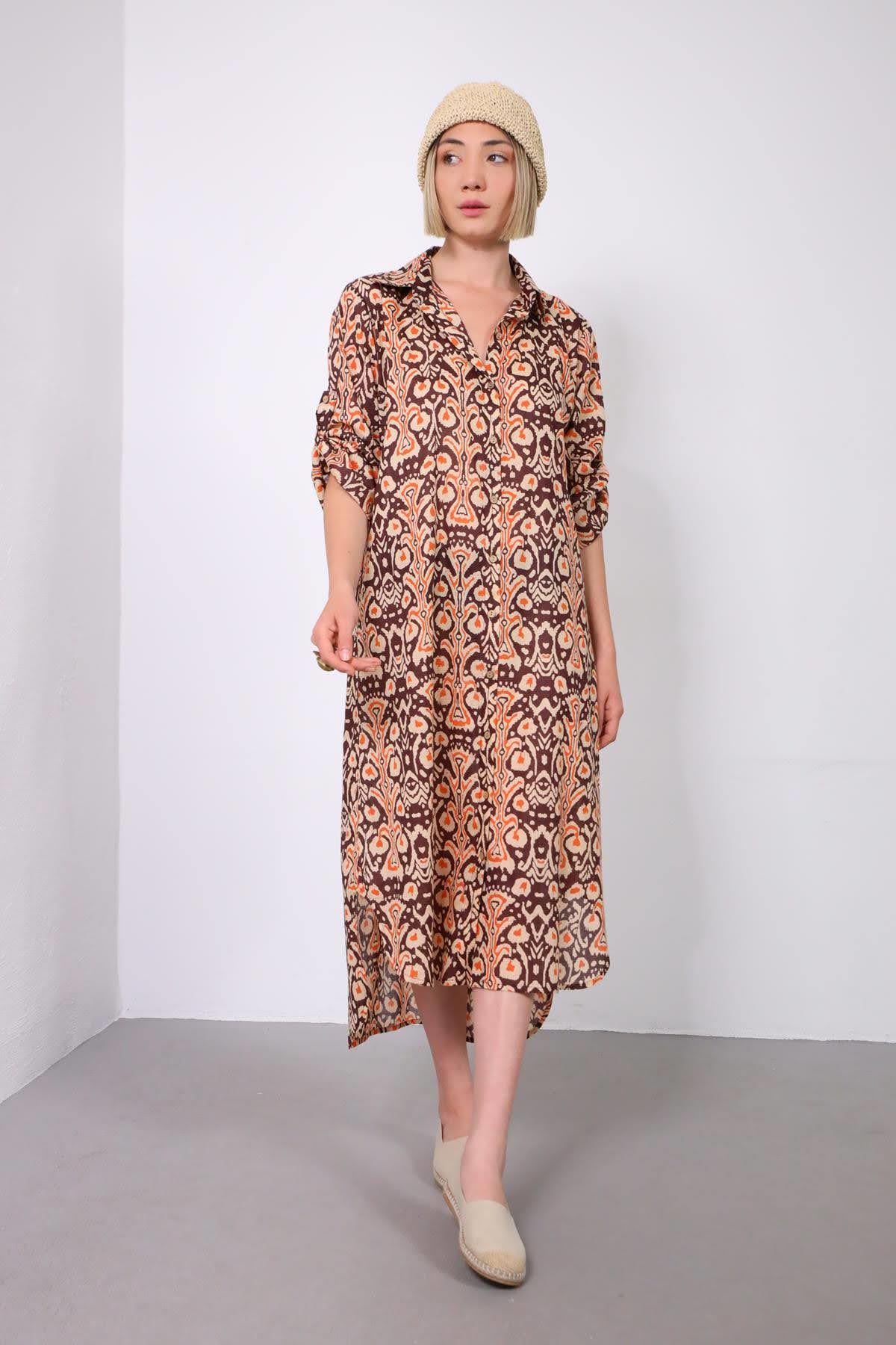 Bej Kolları Apoletli Otantik Desenli Gömlek Elbise - Şaman Butik Bej Kolları Apoletli Otantik Desenli Gömlek Elbise