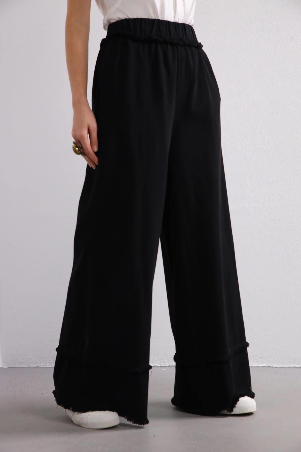 Siyah Paçası Detaylı Püsküllü Pantolon - Şaman Butik Siyah Paçası Detaylı Püsküllü Pantolon