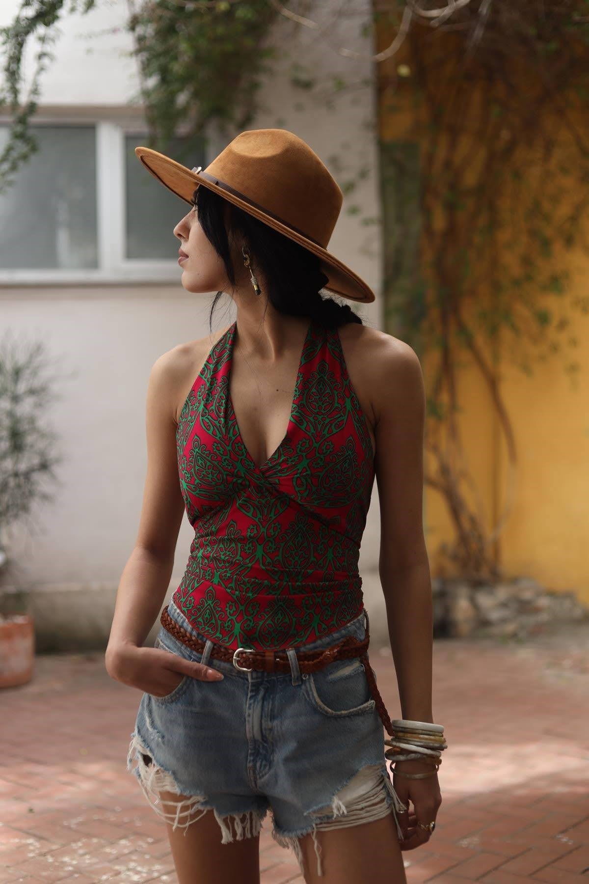 Bordo Otantik Desenli Bulmaca Bluz