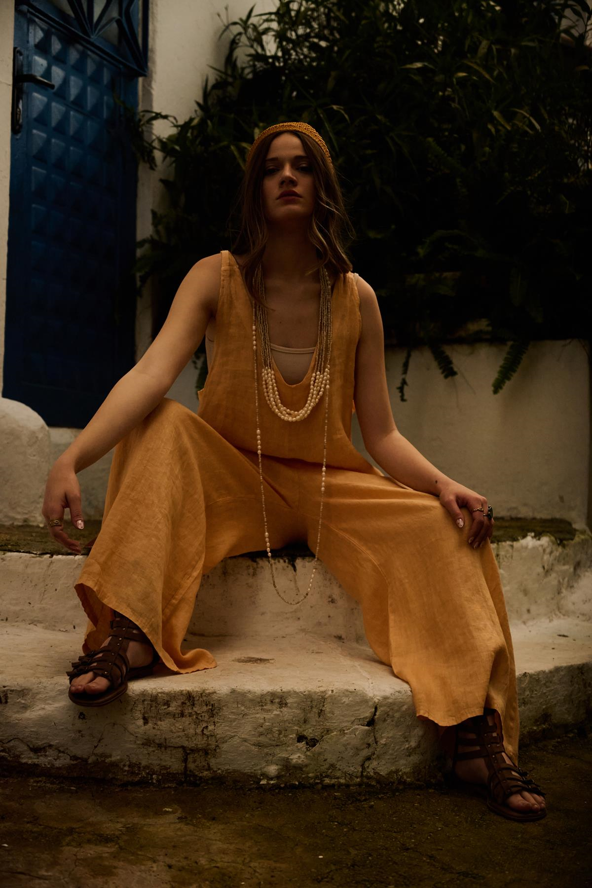 Pale Orange V Neck Back Tie Linen Jumpsuit