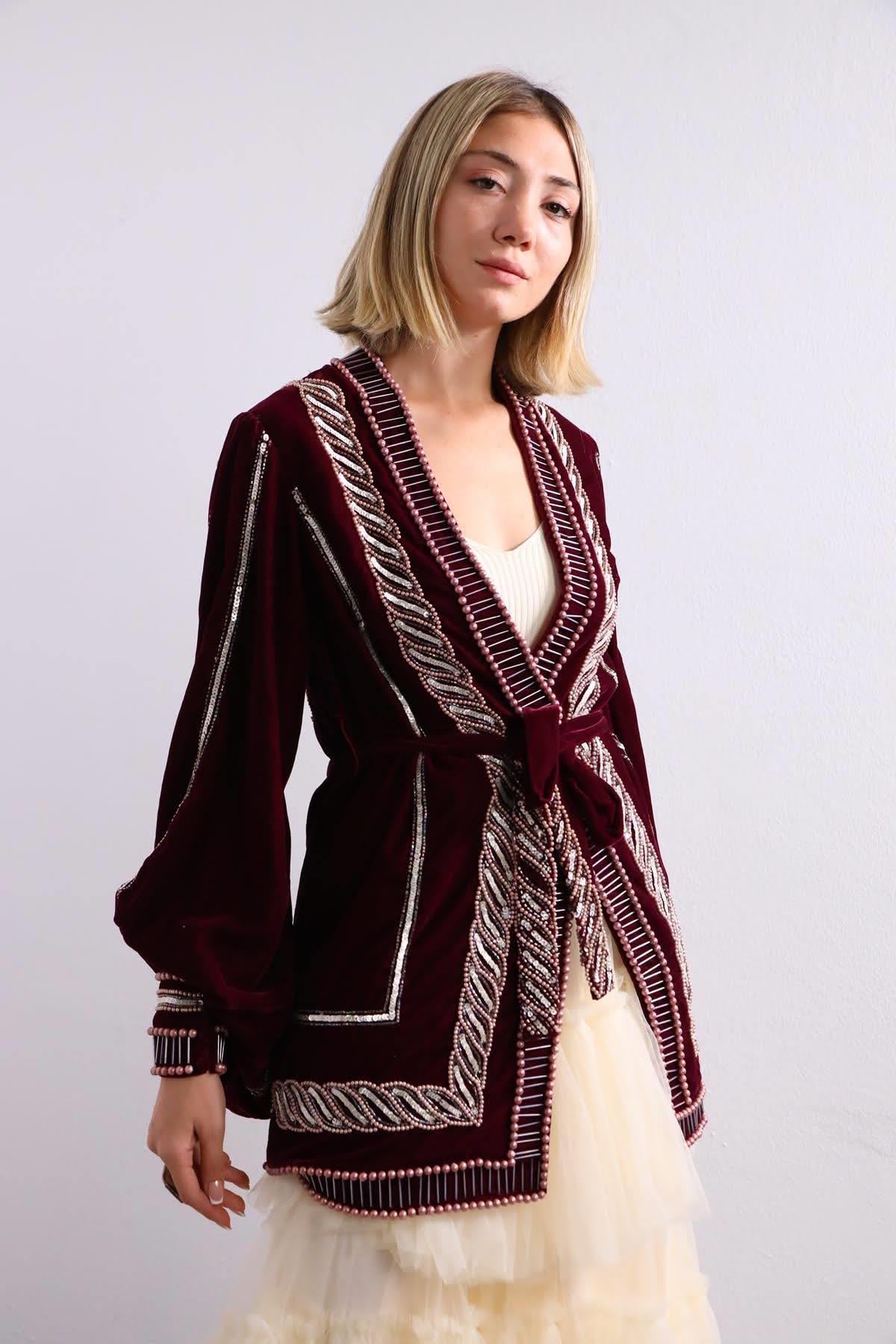 Bordo Boncuk İşlemeli Bohem Ceket - Şaman Butik Bordo Boncuk İşlemeli Bohem Ceket