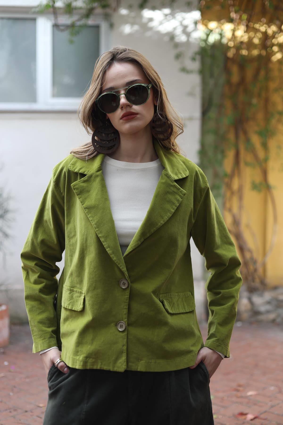 Fıstık Yeşili Kadife Blazer Ceket