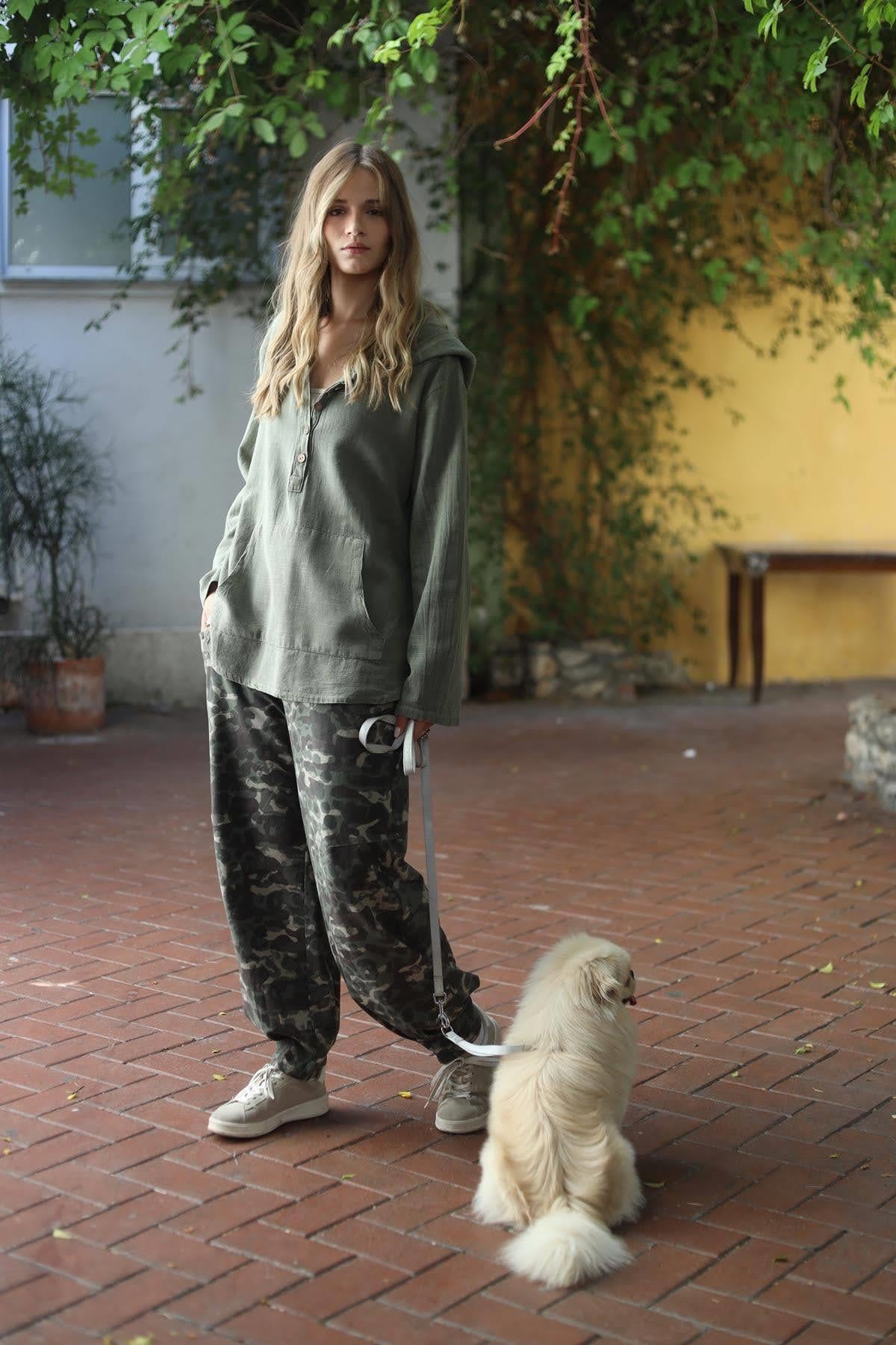 Khaki Camouflage Patterned Belted Trousers