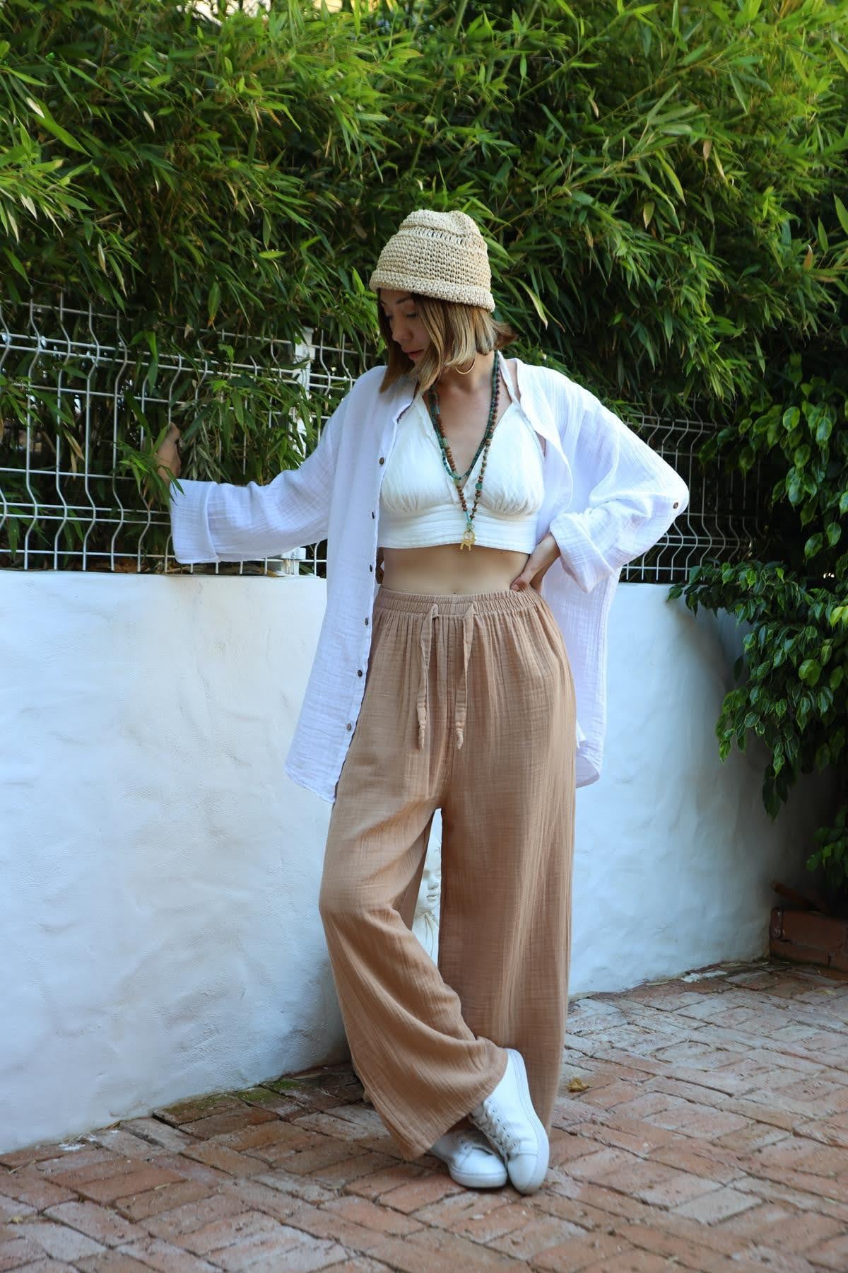 Sütlü Kahve Beli Lastikli İp Detaylı Müslin Pantolon - Şaman Butik Sütlü Kahve Beli Lastikli İp Detaylı Müslin Pantolon