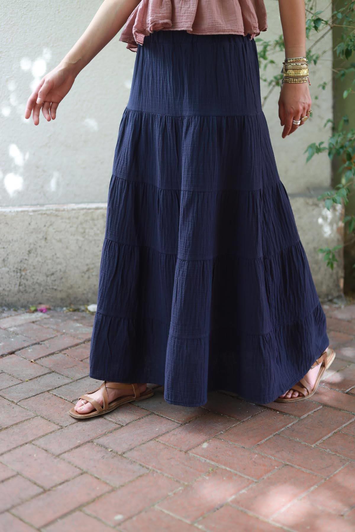 Navy Blue Layered Stitched Muslin Skirt - Saman Butik
