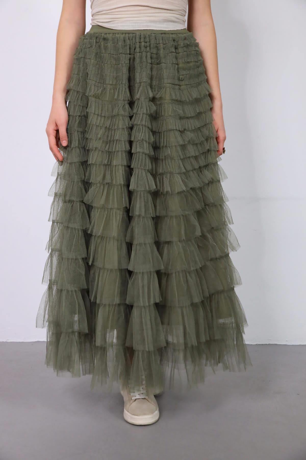 Haki Kat Kat Tül Etek - Şaman Butik Haki Kat Kat Tül Etek