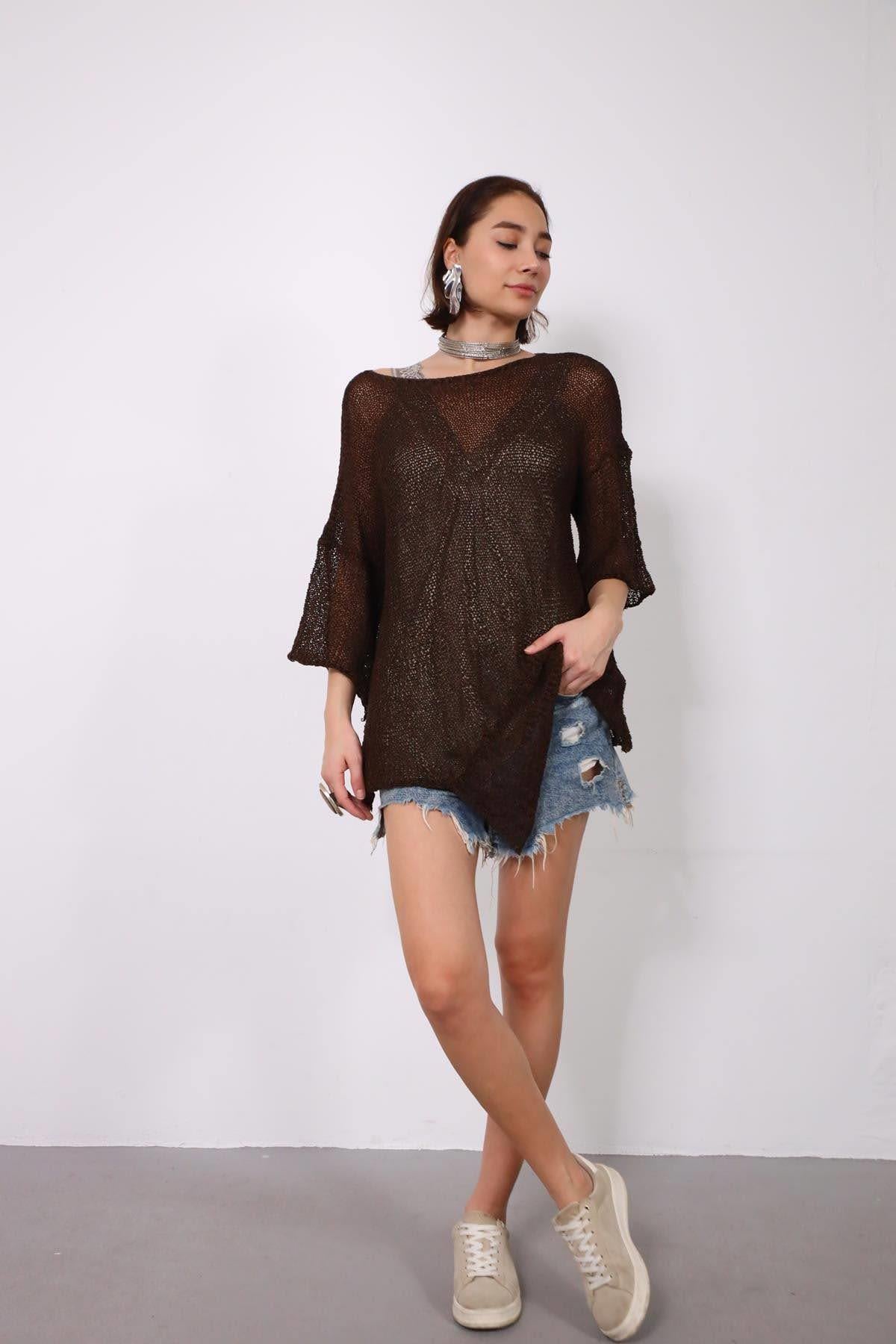 Kahverengi Altı Parçalı Merserize Bluz - Şaman Butik Kahverengi Altı Parçalı Merserize Bluz