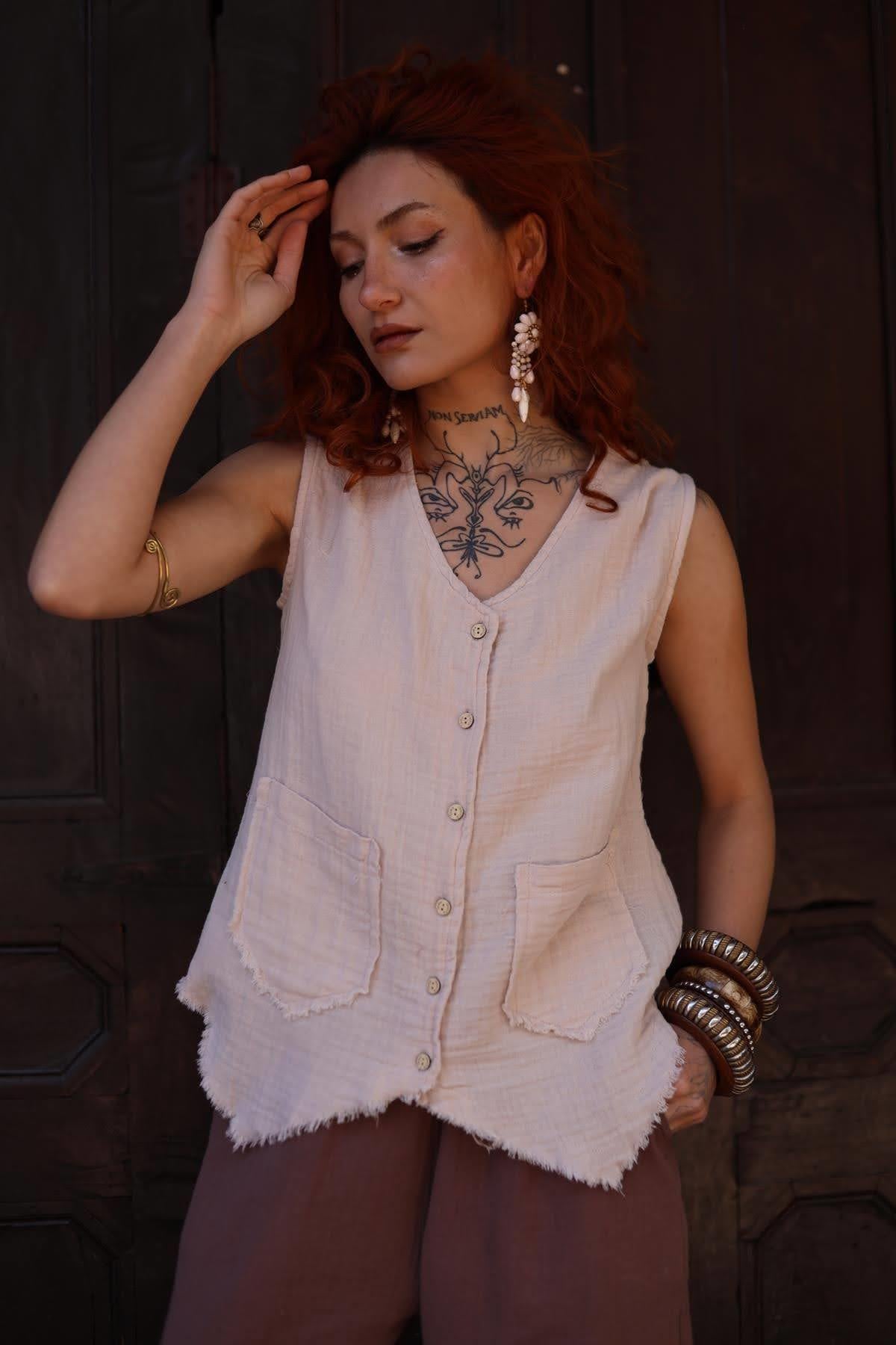 Krem Rengi Müslin Cepken Yelek