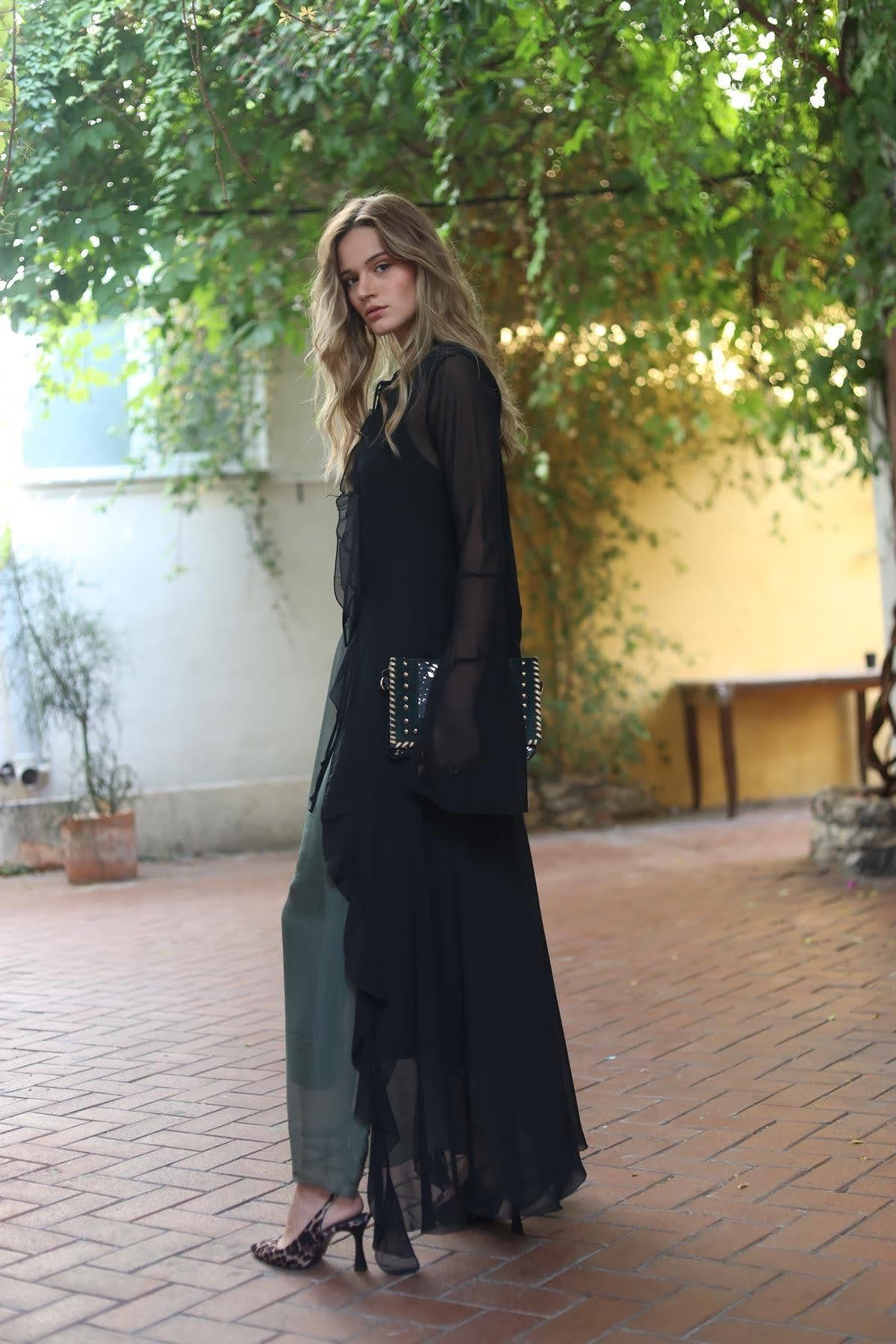 Siyah İspanyol Kol Volanlı Şifon Kimono