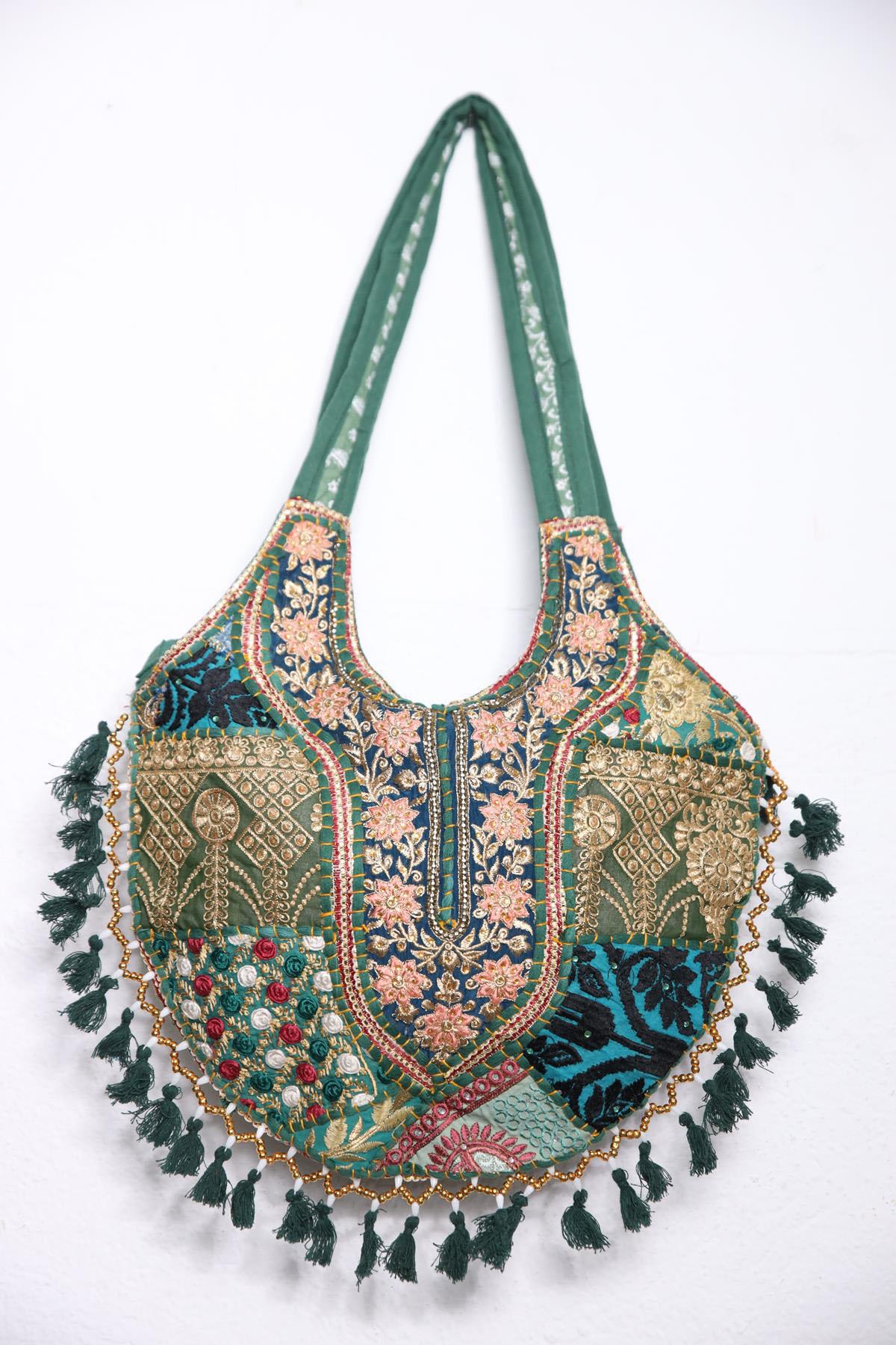 Emerald Green Authentic Embroidered Large Tassel Bag