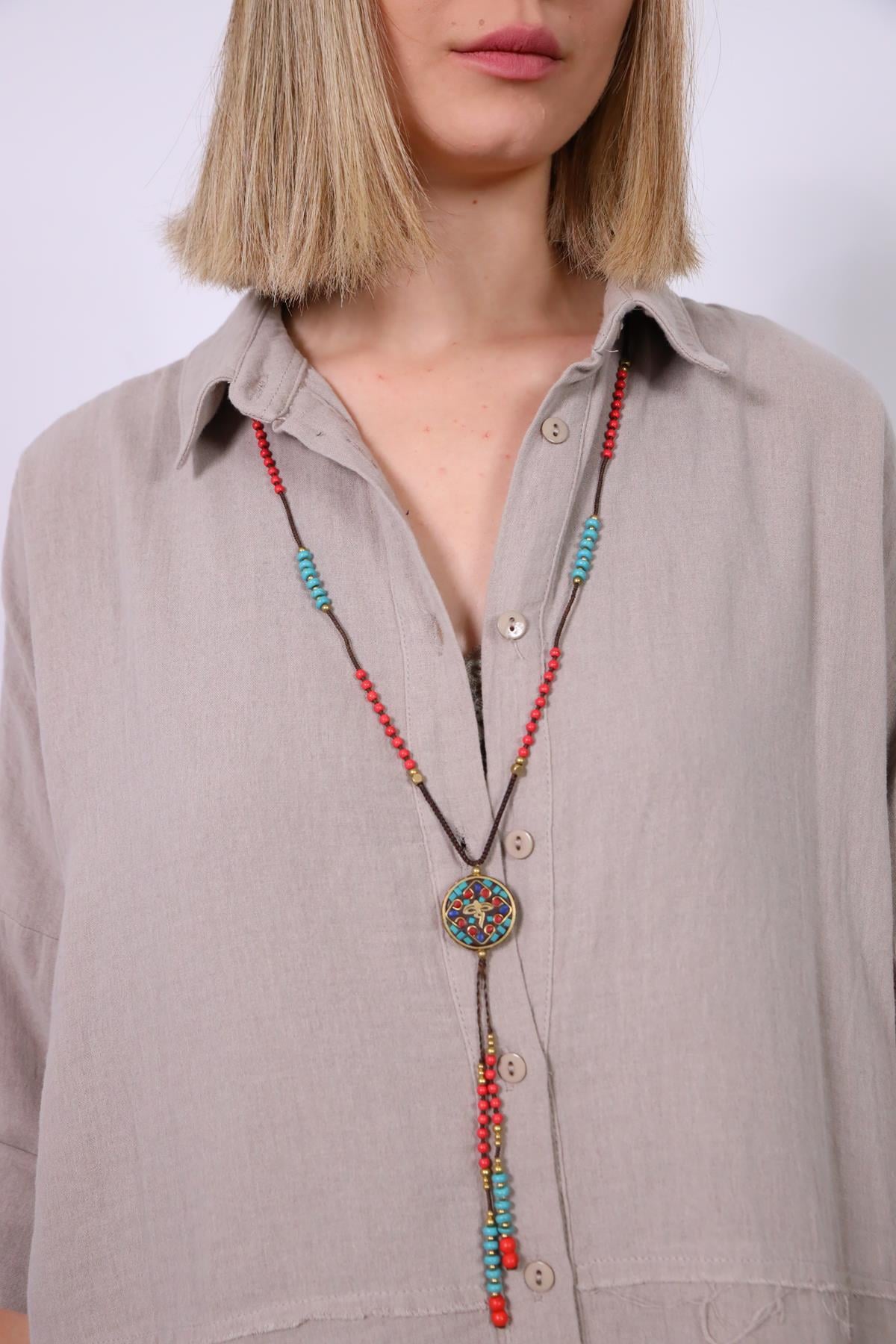 Turkuaz Detaylı Uzun Kolye - Şaman Butik Turkuaz Detaylı Uzun Kolye