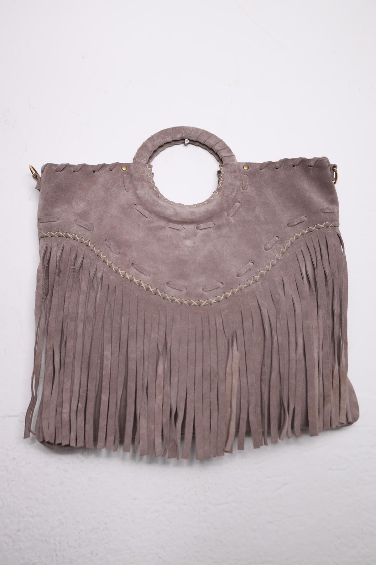 Mink Color Fringed Leather Bag