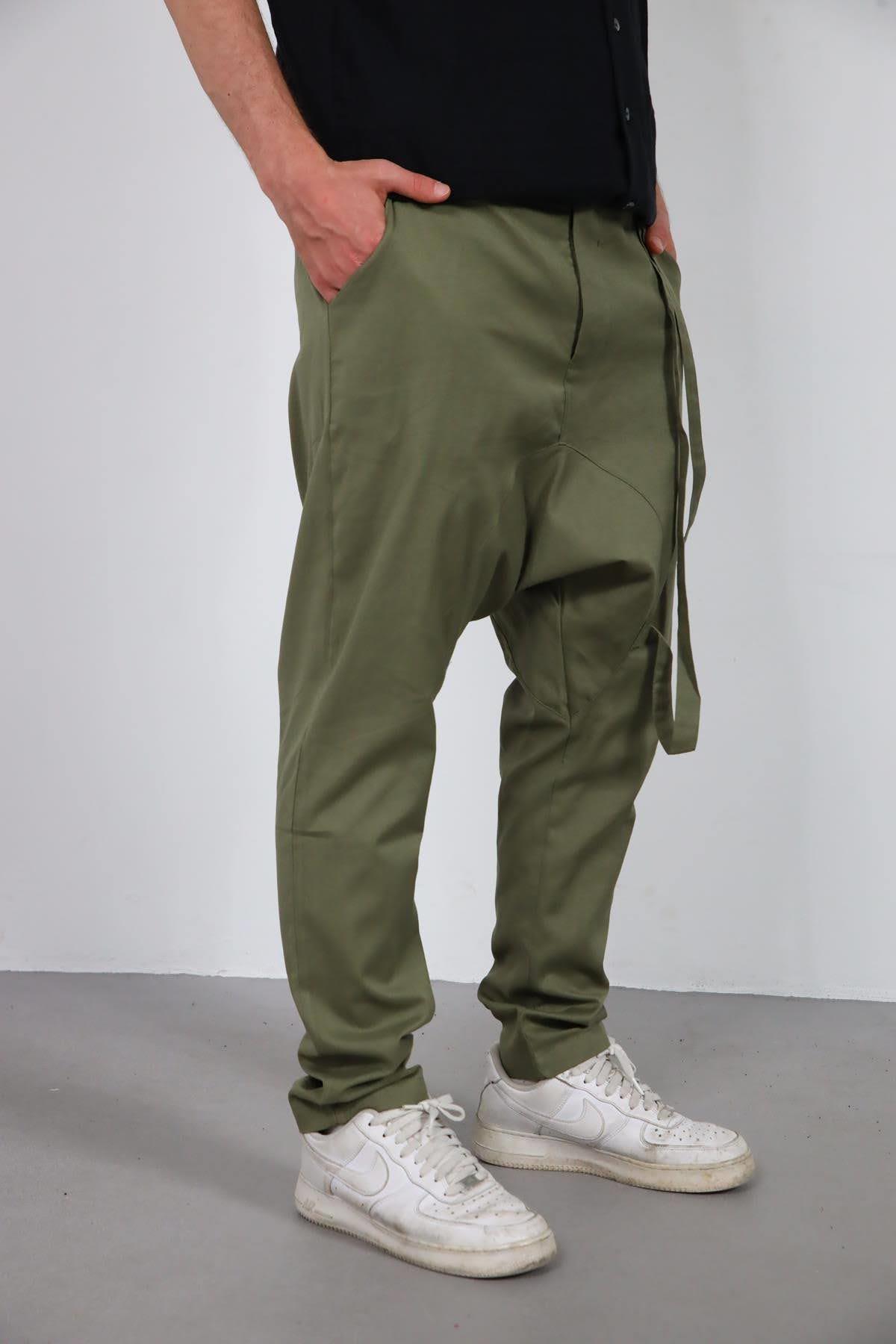Khaki Straight Leg Cord Detailed Drop Crotch Pants - Saman