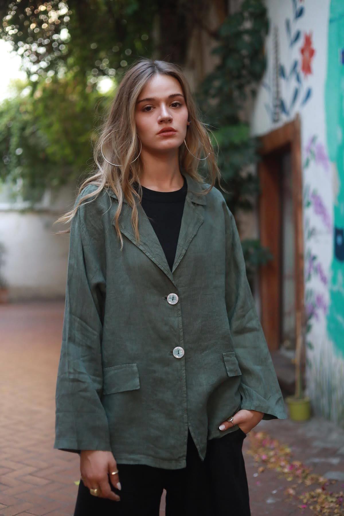 Khaki Linen Double Button Jacket