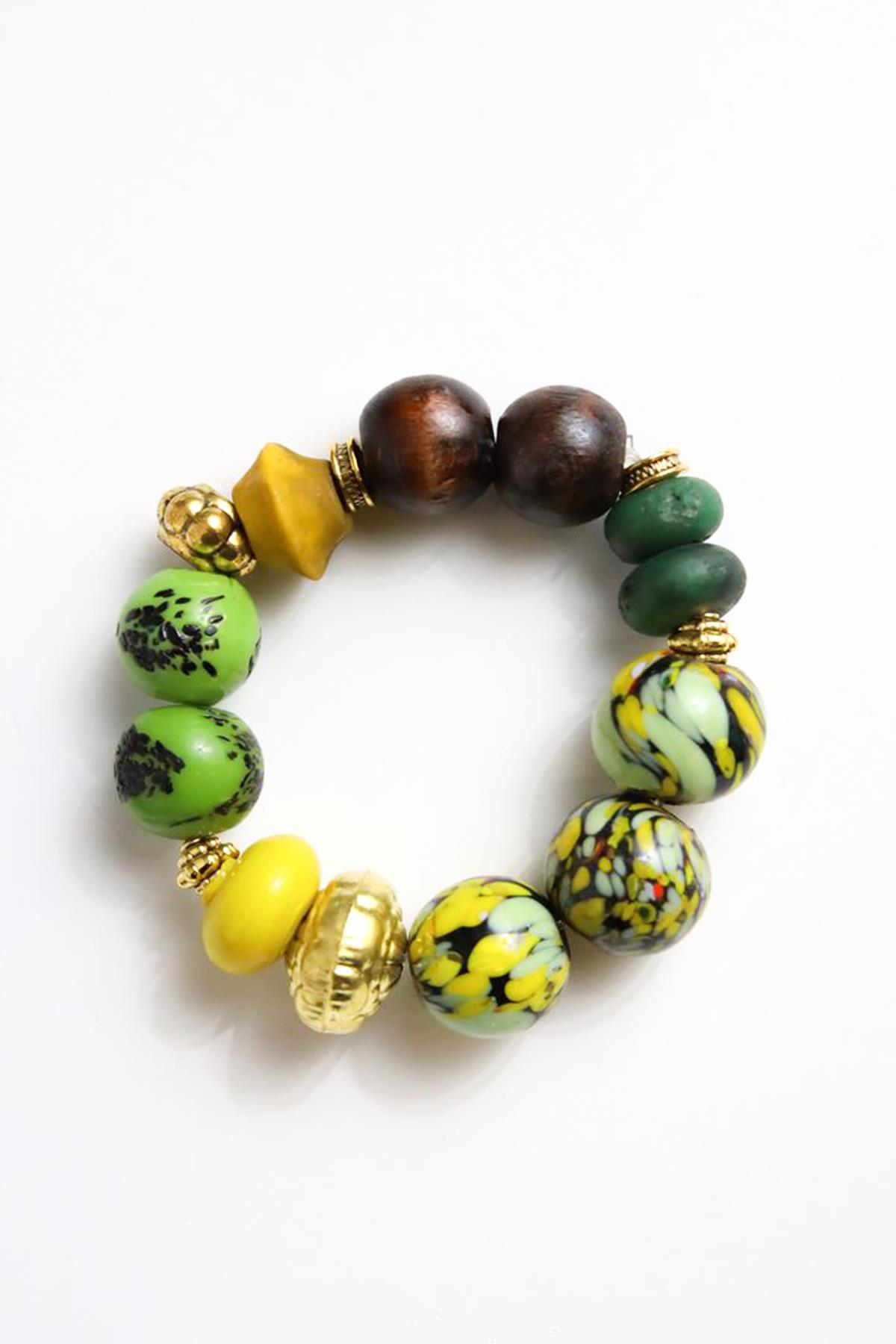 Kahverengi Ahşap Detaylı Sarı Bileklik - Şaman Butik Kahverengi Ahşap Detaylı Sarı Bileklik