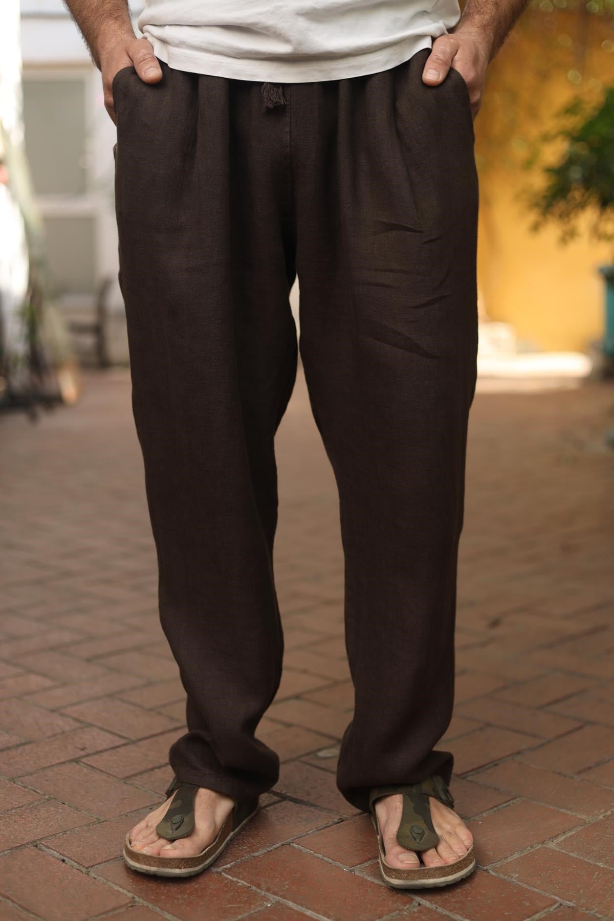 Kahverengi Pileli Erkek Keten Pantolon