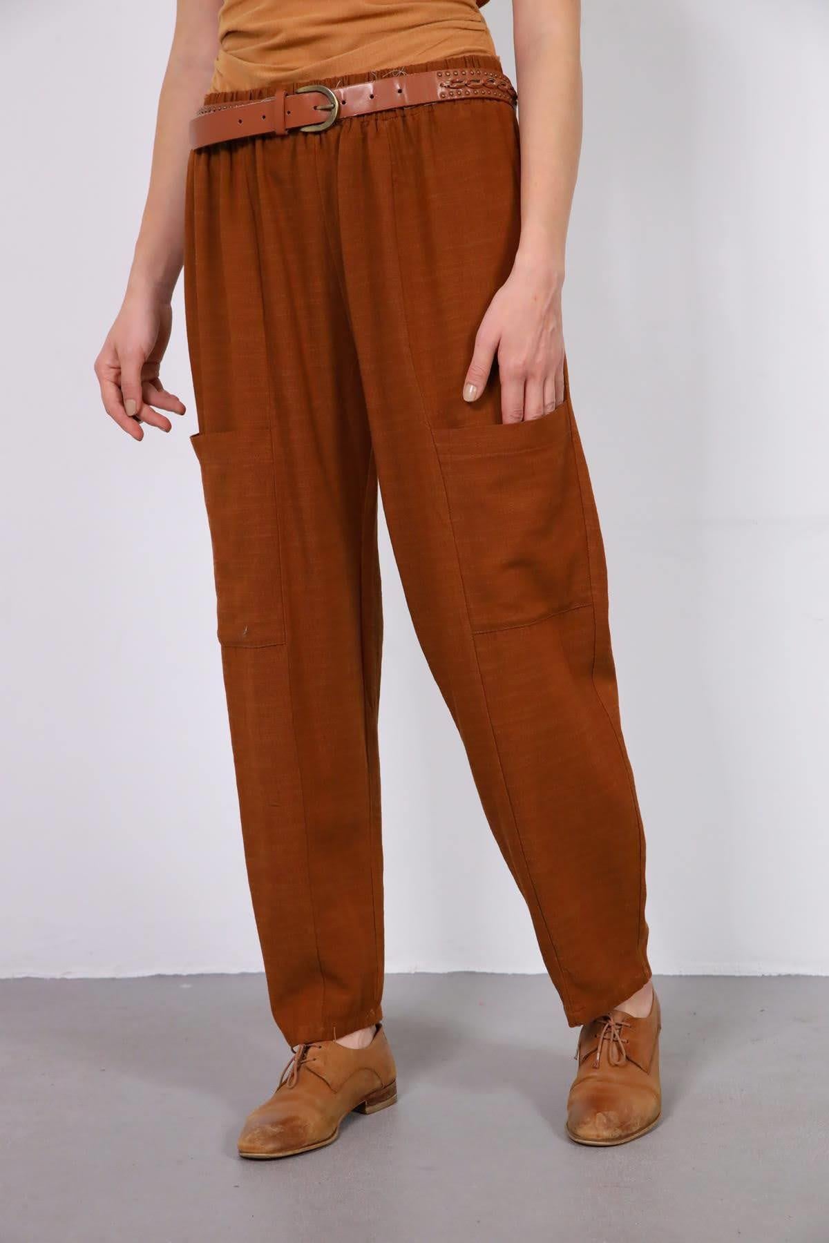 Acı Kahve Dizi Cepli Keten Pantolon - Şaman Butik Acı Kahve Dizi Cepli Keten Pantolon