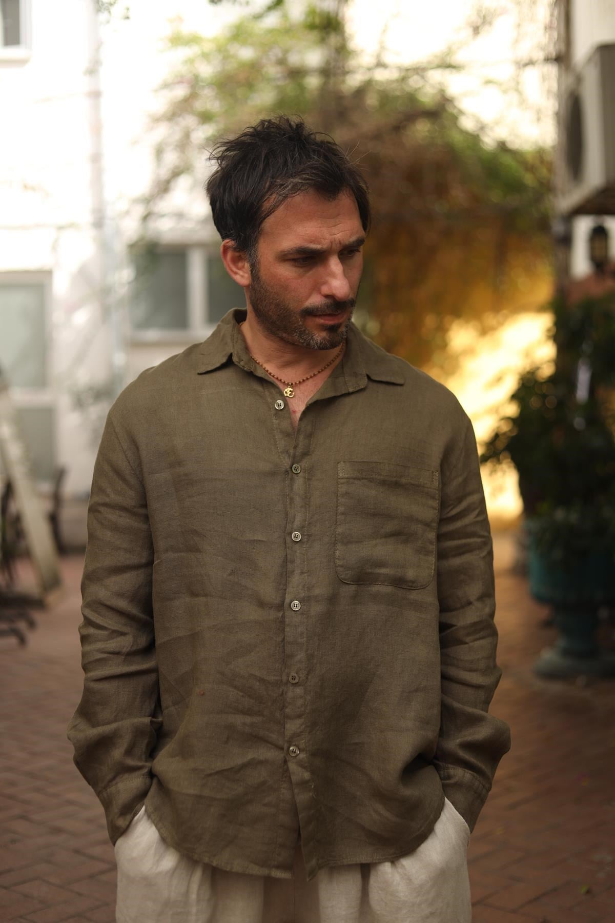 Haki Cepli Erkek Keten Gömlek